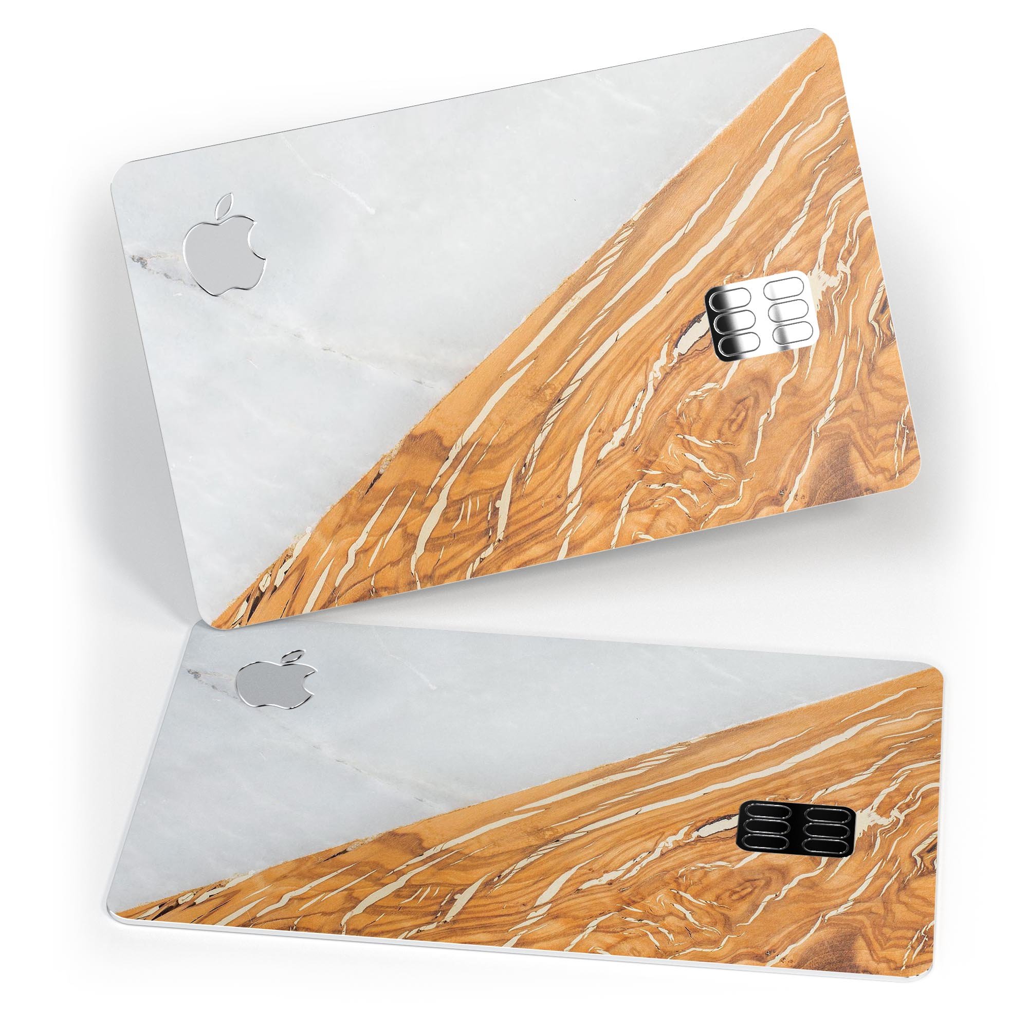 Marble and wood mix design decal skin for Apple Card, showcasing premium vinyl protection and stylish finish.