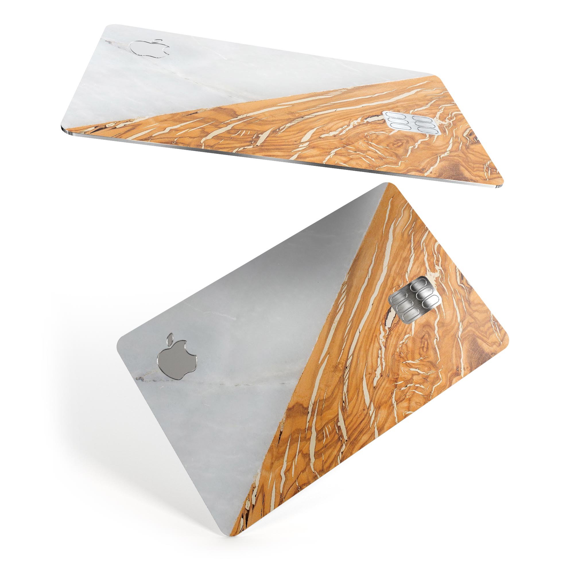 Marble and wood mix design decal skin for Apple Card, showcasing premium vinyl protection and stylish finish.