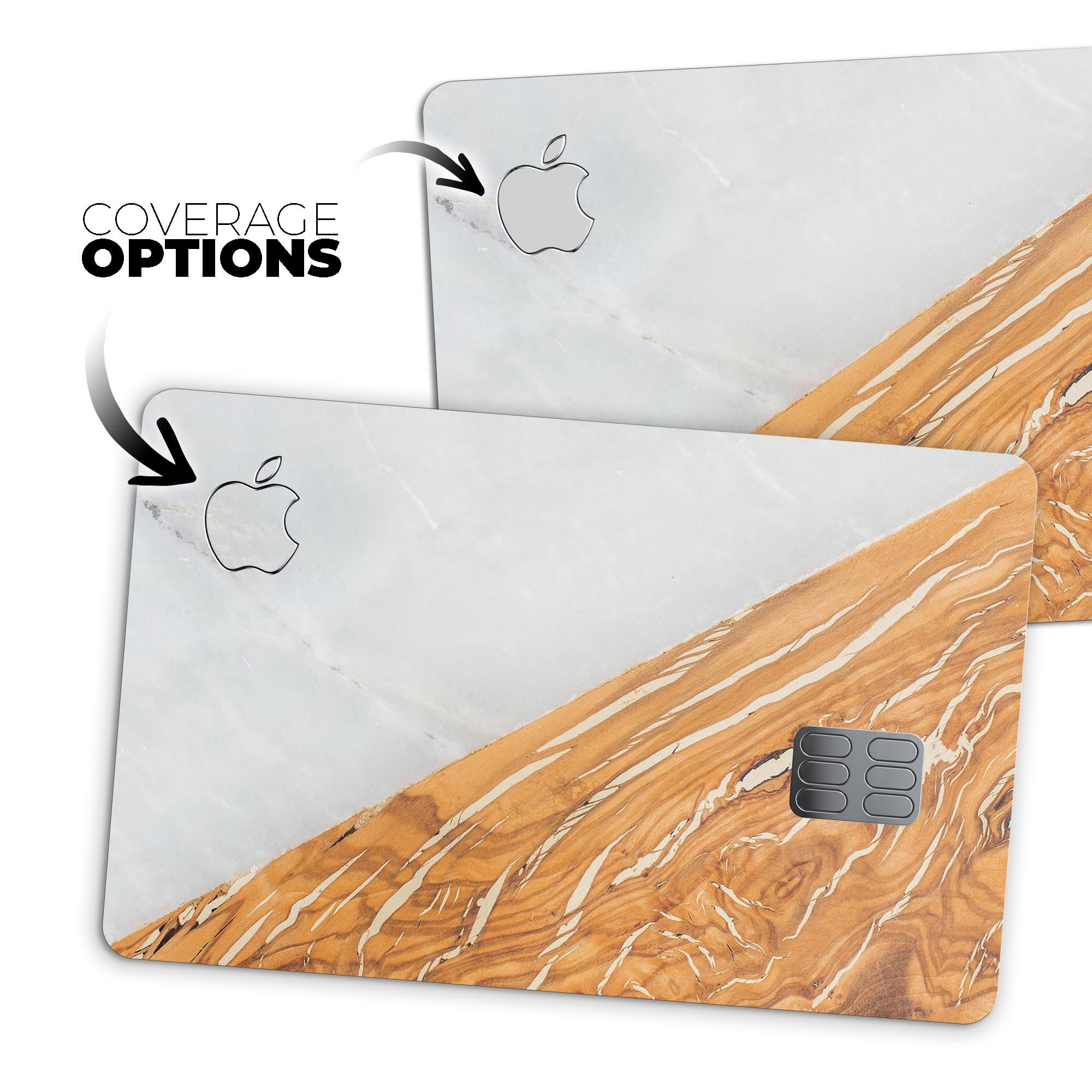 Marble and wood mix design decal skin for Apple Card, showcasing premium vinyl protection and stylish finish.