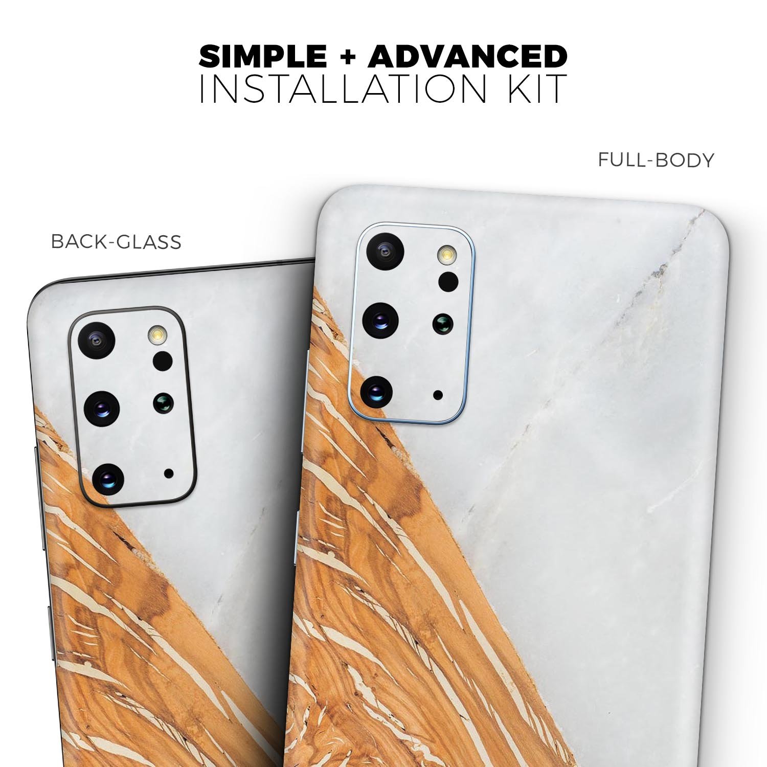 Marble & Wood Mix V2 Skin-Kit for Samsung Galaxy S20, showcasing a stylish design with a premium vinyl finish.