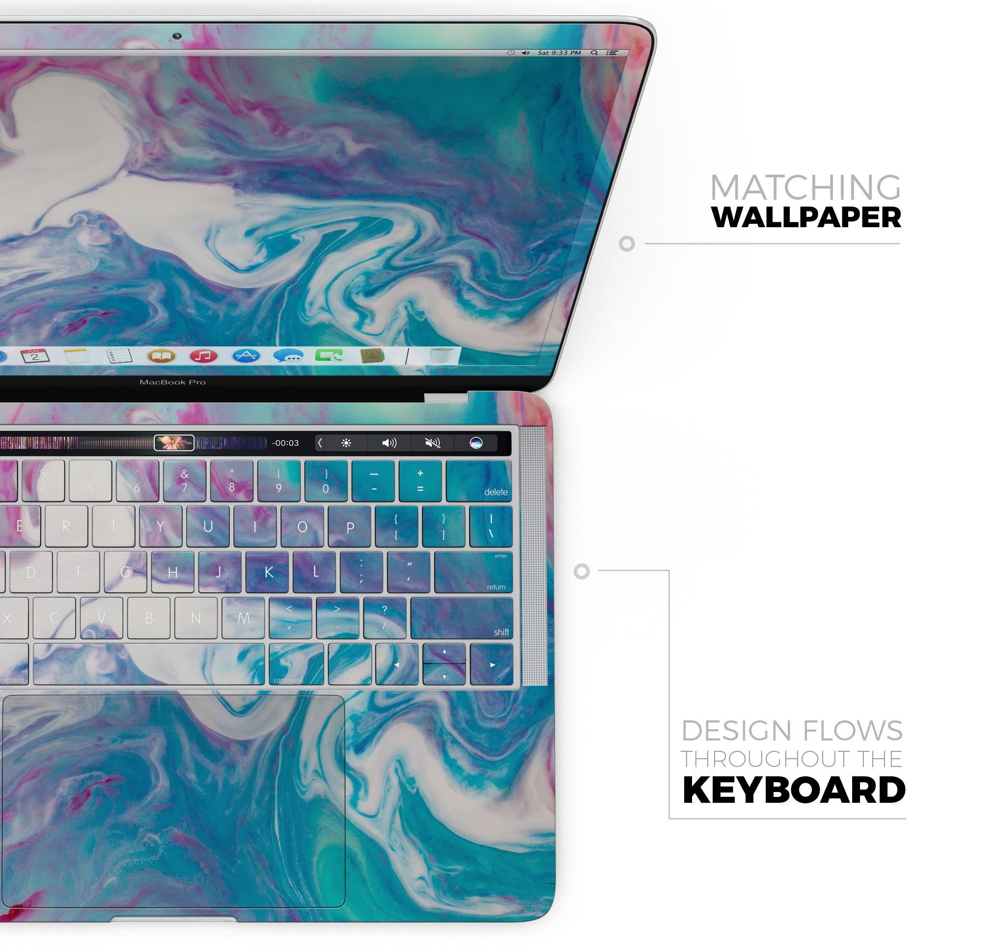 Marbleized Blue Paradise V45 skin decal wrap kit for MacBook, showcasing a vibrant blue marble design with a glossy finish.