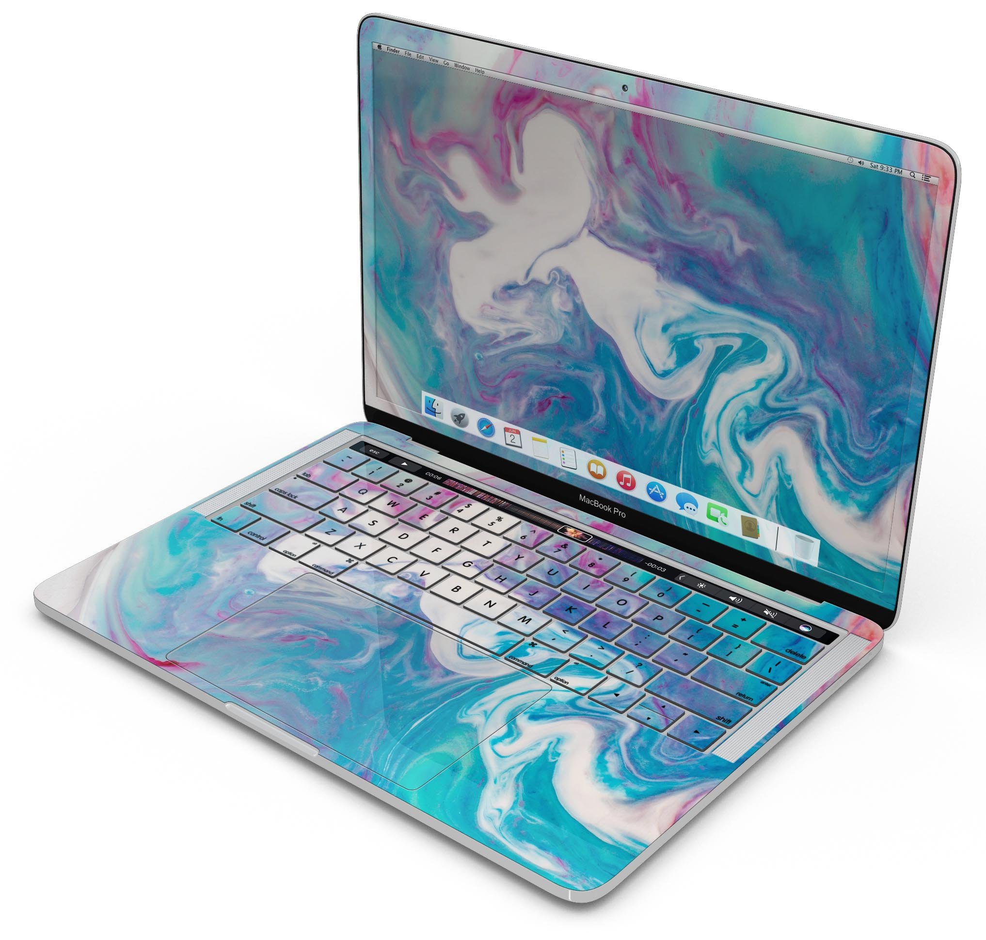 Marbleized Blue Paradise V45 skin decal wrap kit for MacBook, showcasing a vibrant blue marble design with a glossy finish.