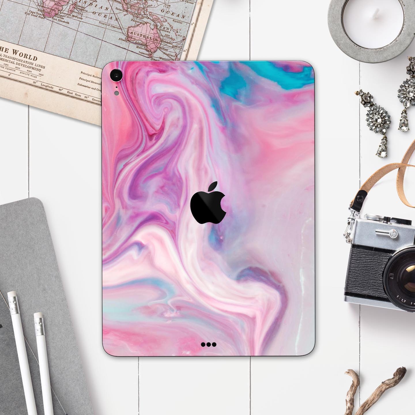 Marbleized Color Paradise V2 skin decal for Apple iPad, showcasing a vibrant marble design with a smooth finish.