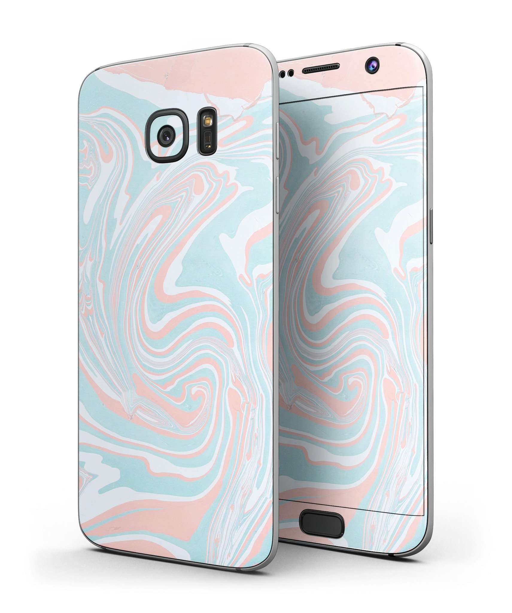 Marbleized Mint and Coral Full Body Skin-Kit for Samsung Galaxy S7 and S7 Edge, showcasing vibrant colors and sleek design.