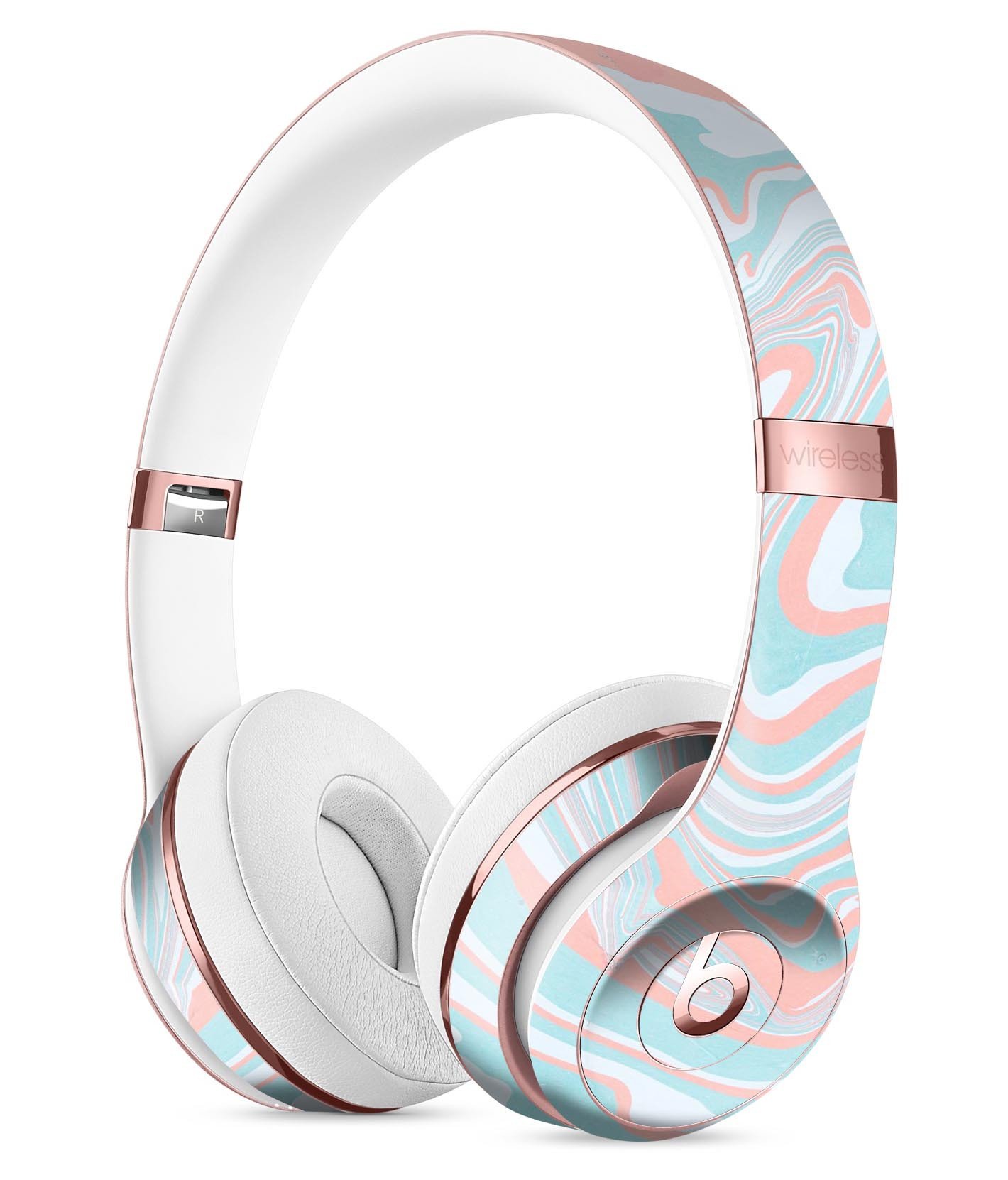 Marbleized Mint and Coral Full-Body Skin Kit for Beats by Dre Solo 3 Wireless Headphones, showcasing a vibrant and stylish design.