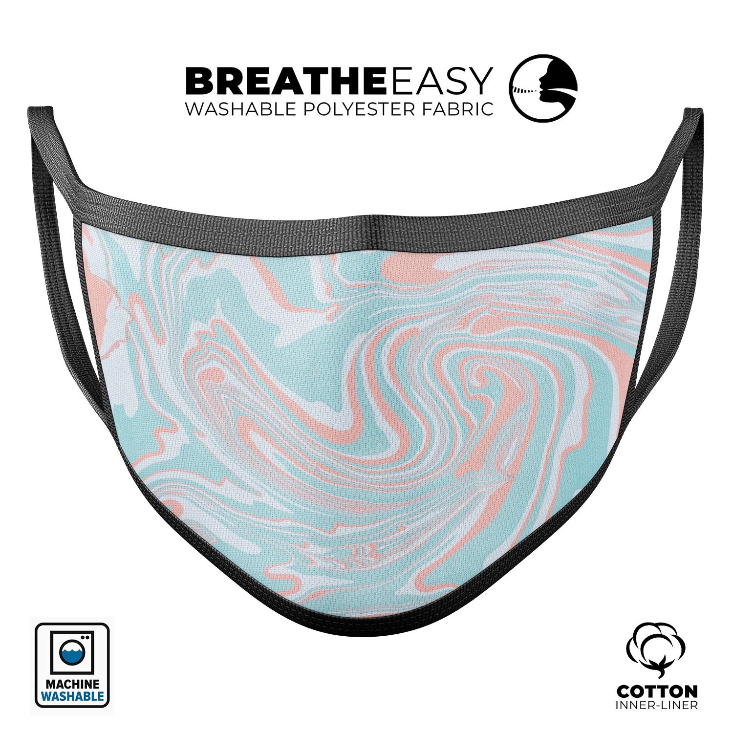 Marbleized Mint and Coral unisex mouth cover, showcasing a stylish design with adjustable ear loops, made in the USA.