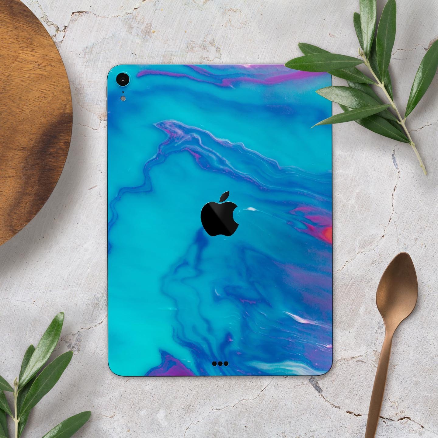 Marbleized Ocean Blue full body skin decal for Apple iPad Pro, showcasing a stylish marble pattern and premium finish.