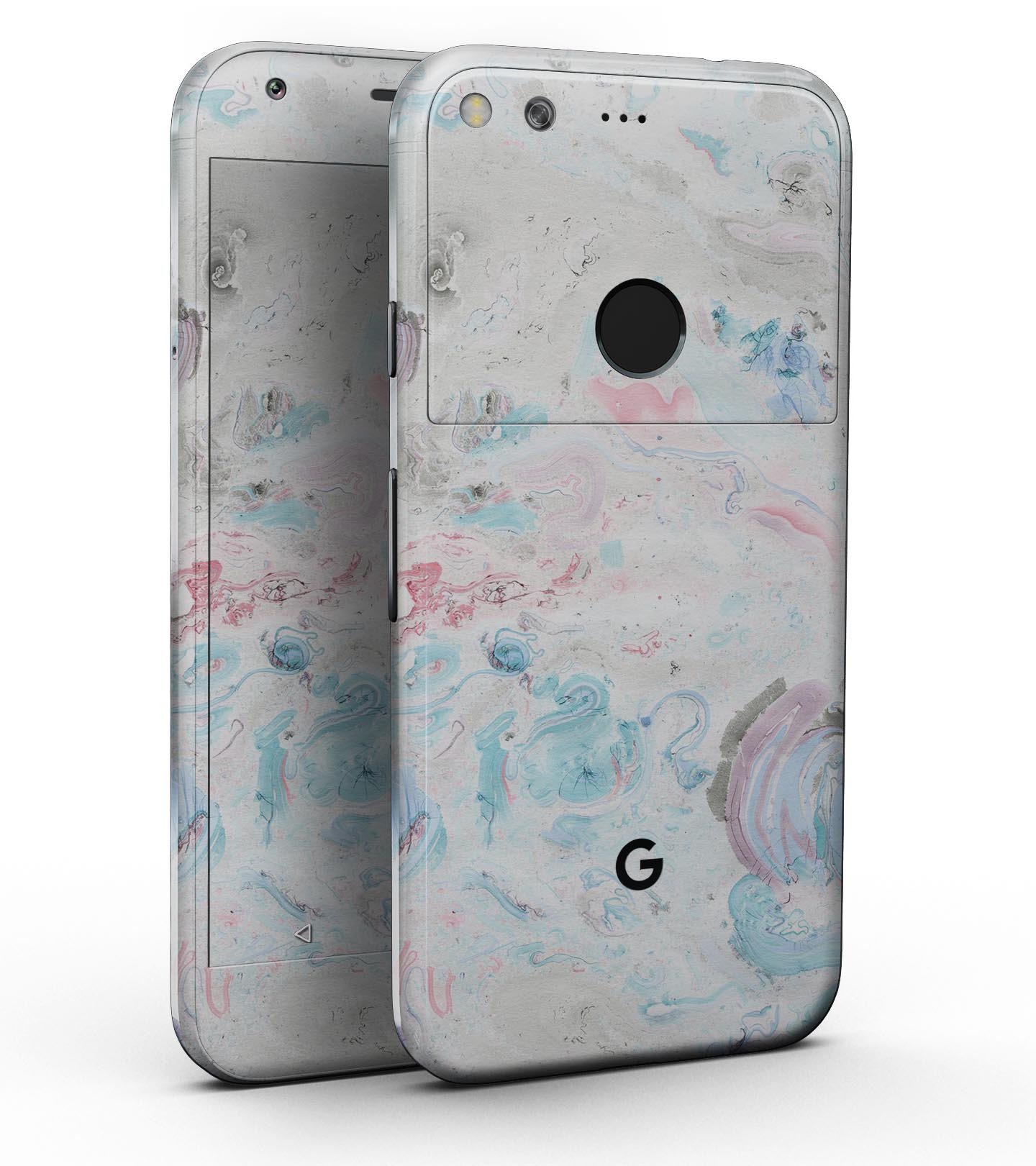 Marbleized Pink and Blue Blotch Full-Body Skin Kit for Google Pixel, showcasing a vibrant and stylish design.