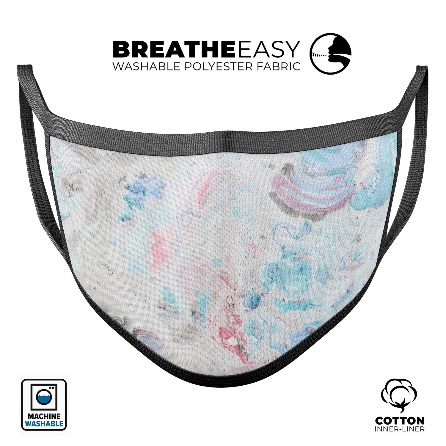 Marbleized pink and blue blotch reusable mouth cover, showcasing a stylish design and adjustable ear loops for a comfortable fit.