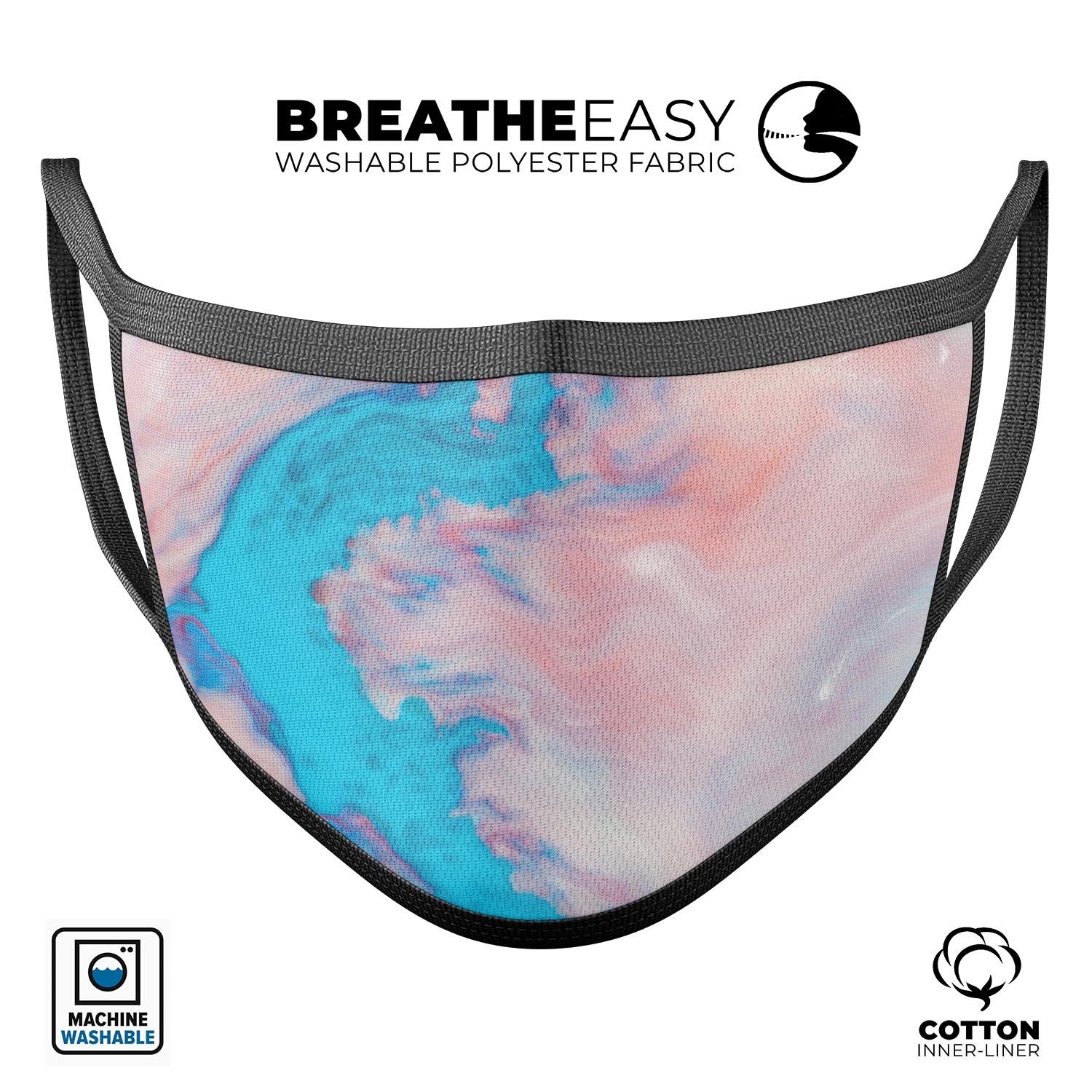 Marbleized Pink and Blue Paradise V322 mouth cover, showcasing vibrant colors and adjustable ear loops for a perfect fit.