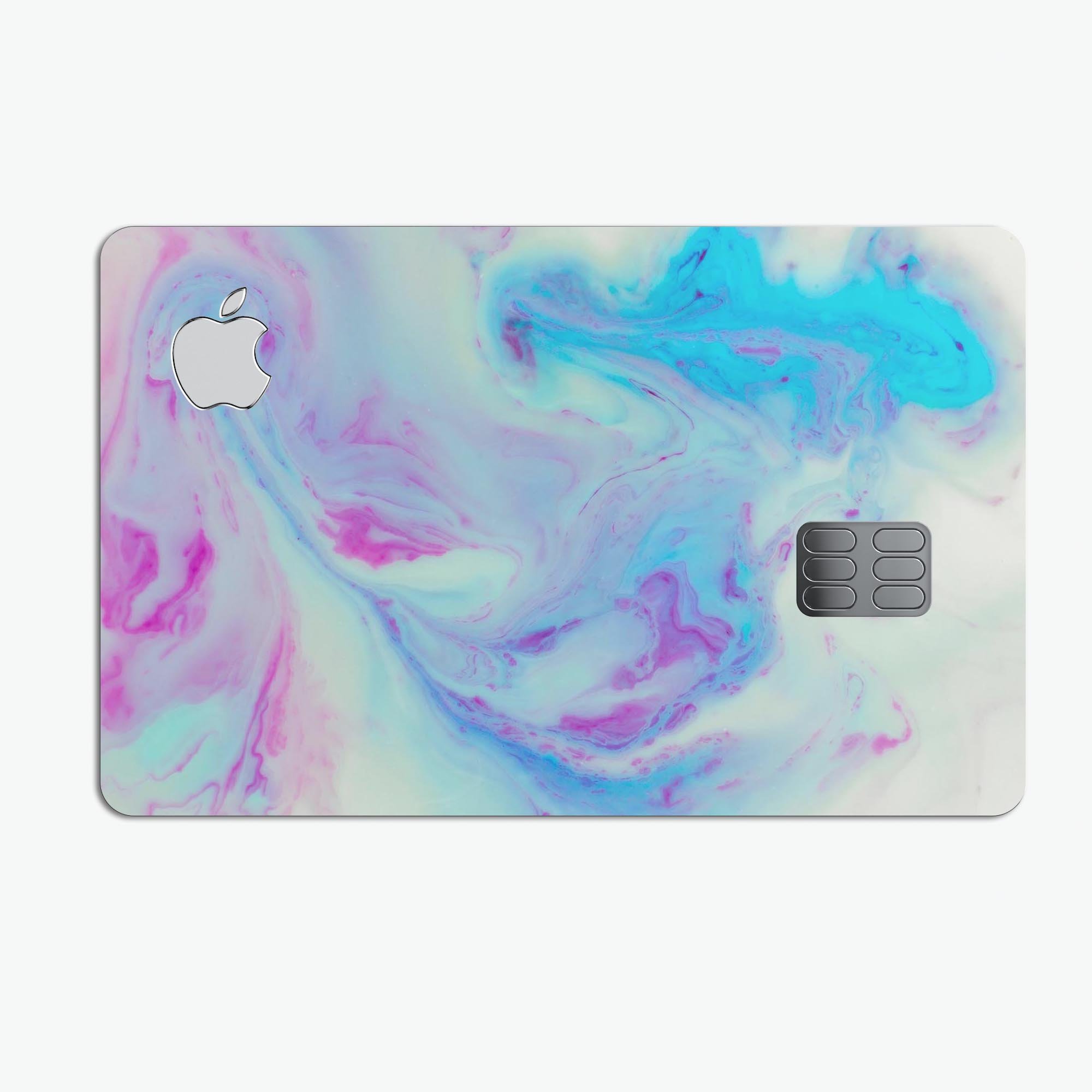 Marbleized Pink and Blue Paradise V371 decal on an Apple Card, showcasing its vibrant colors and protective features.