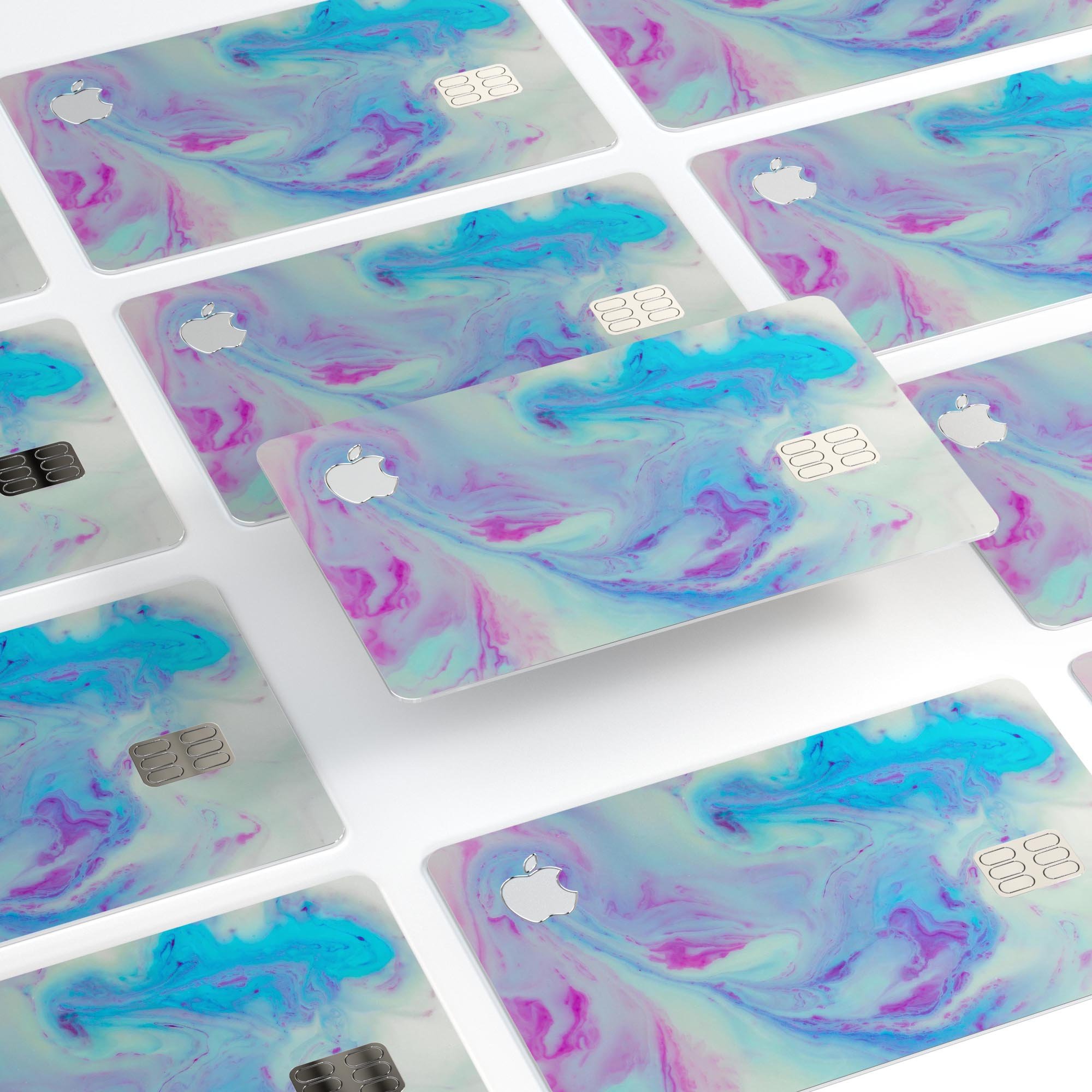 Marbleized Pink and Blue Paradise V371 decal on an Apple Card, showcasing its vibrant colors and protective features.