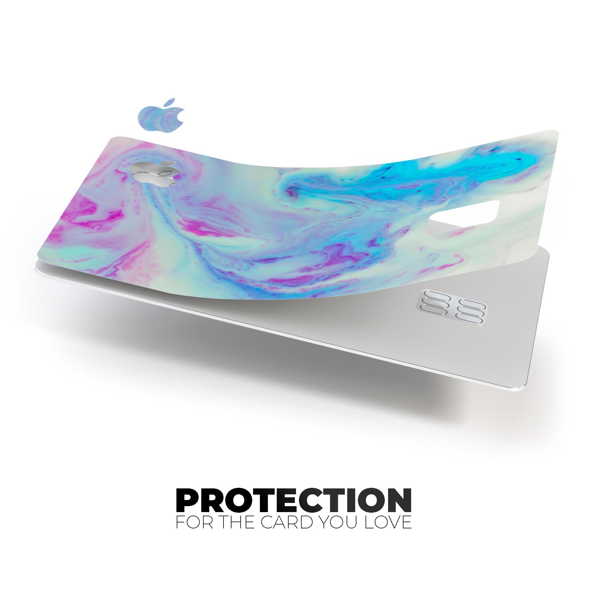 Marbleized Pink and Blue Paradise V371 decal on an Apple Card, showcasing its vibrant colors and protective features.