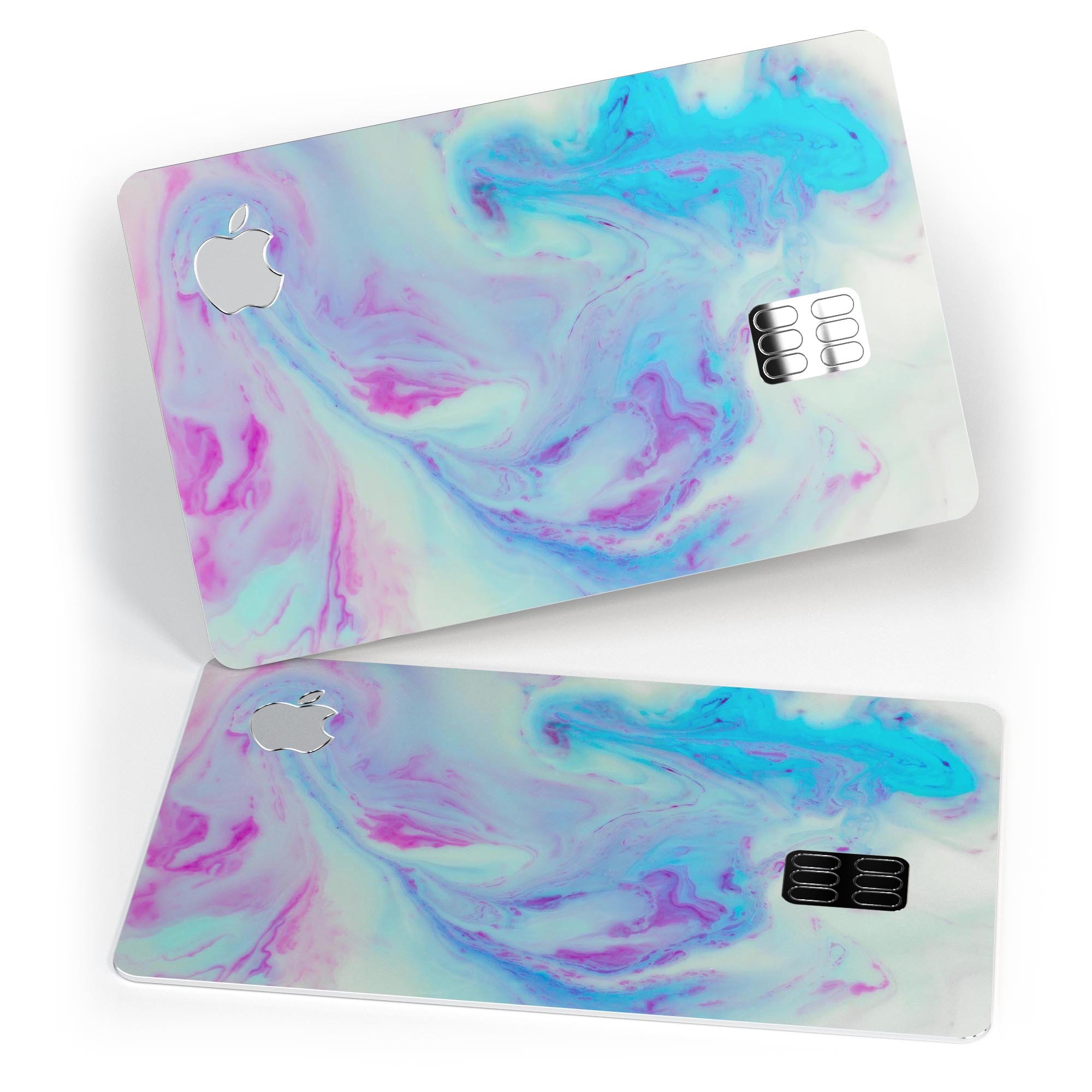 Marbleized Pink and Blue Paradise V371 decal on an Apple Card, showcasing its vibrant colors and protective features.