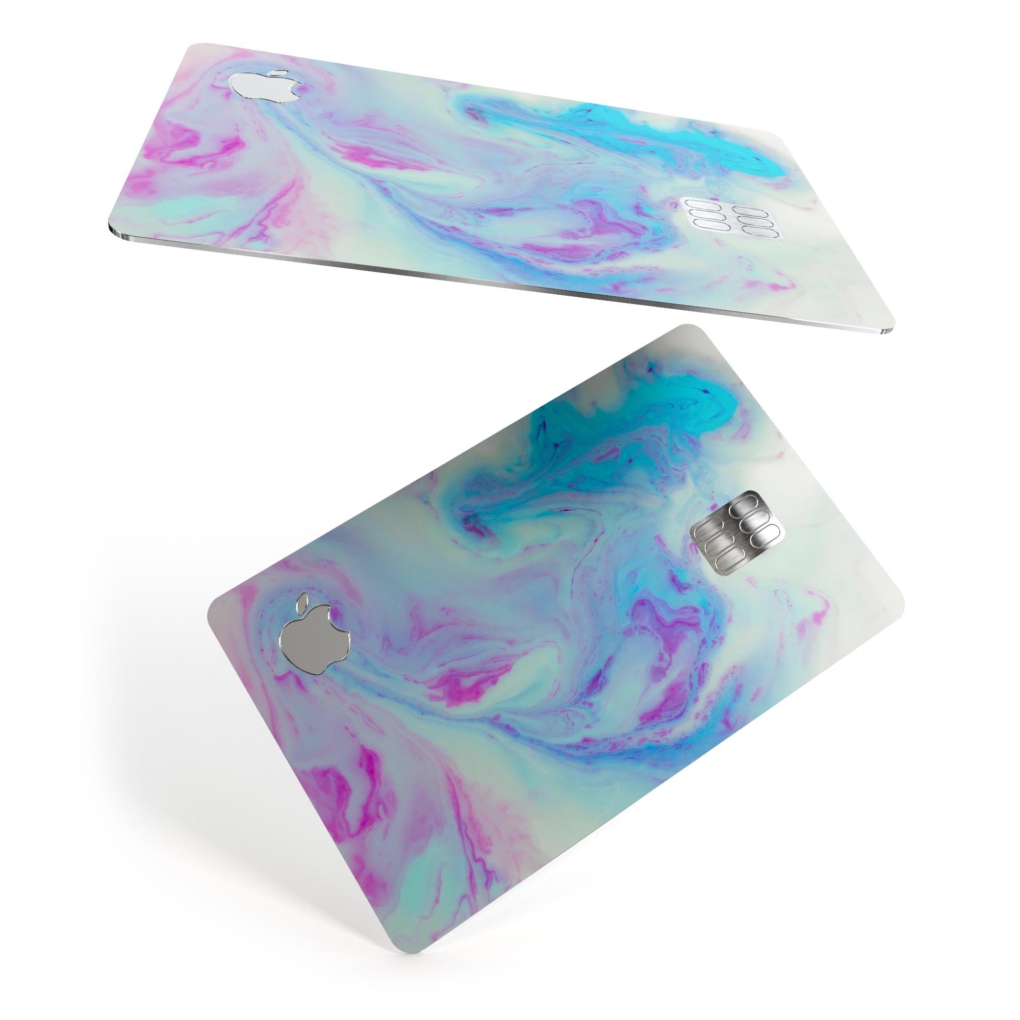 Marbleized Pink and Blue Paradise V371 decal on an Apple Card, showcasing its vibrant colors and protective features.