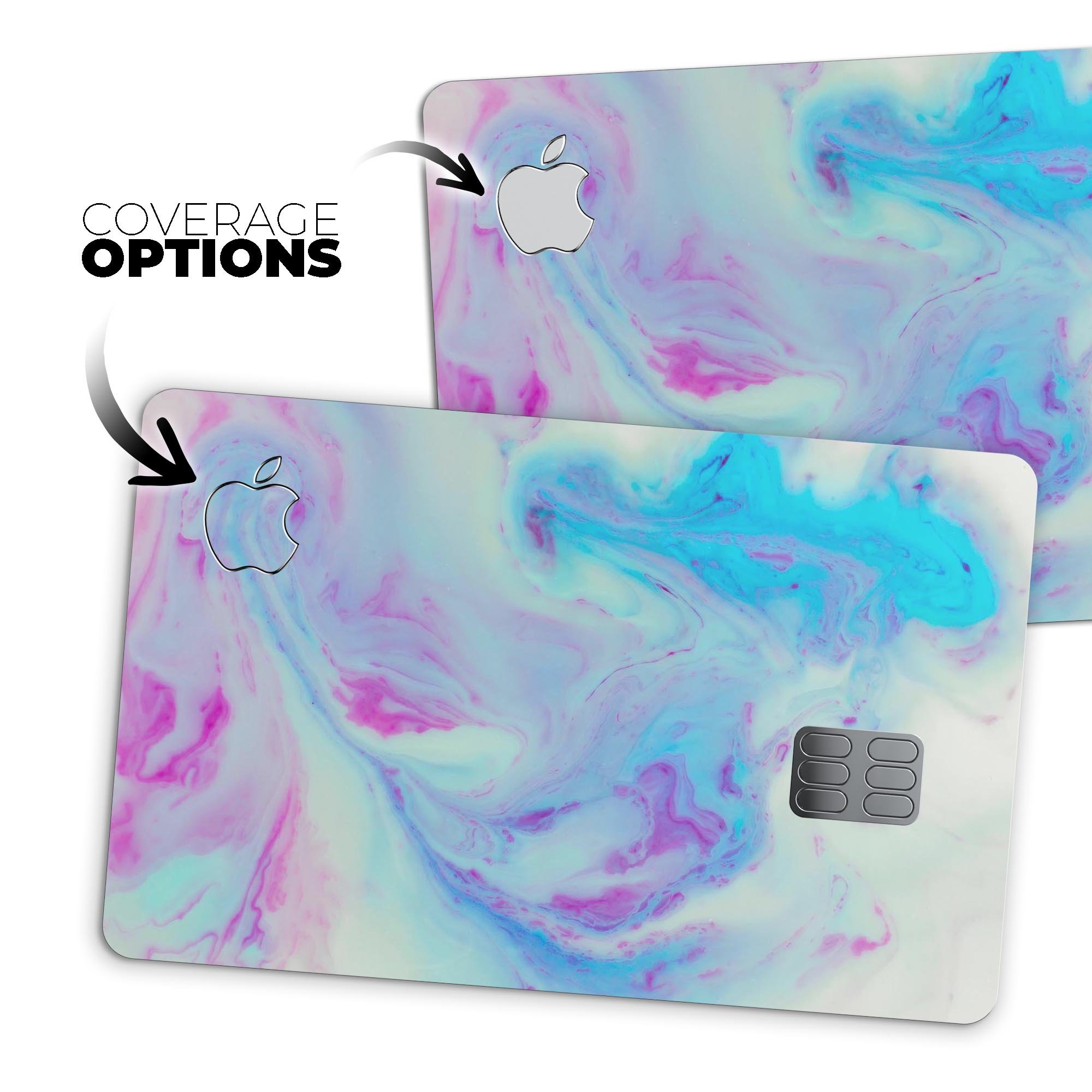 Marbleized Pink and Blue Paradise V371 decal on an Apple Card, showcasing its vibrant colors and protective features.