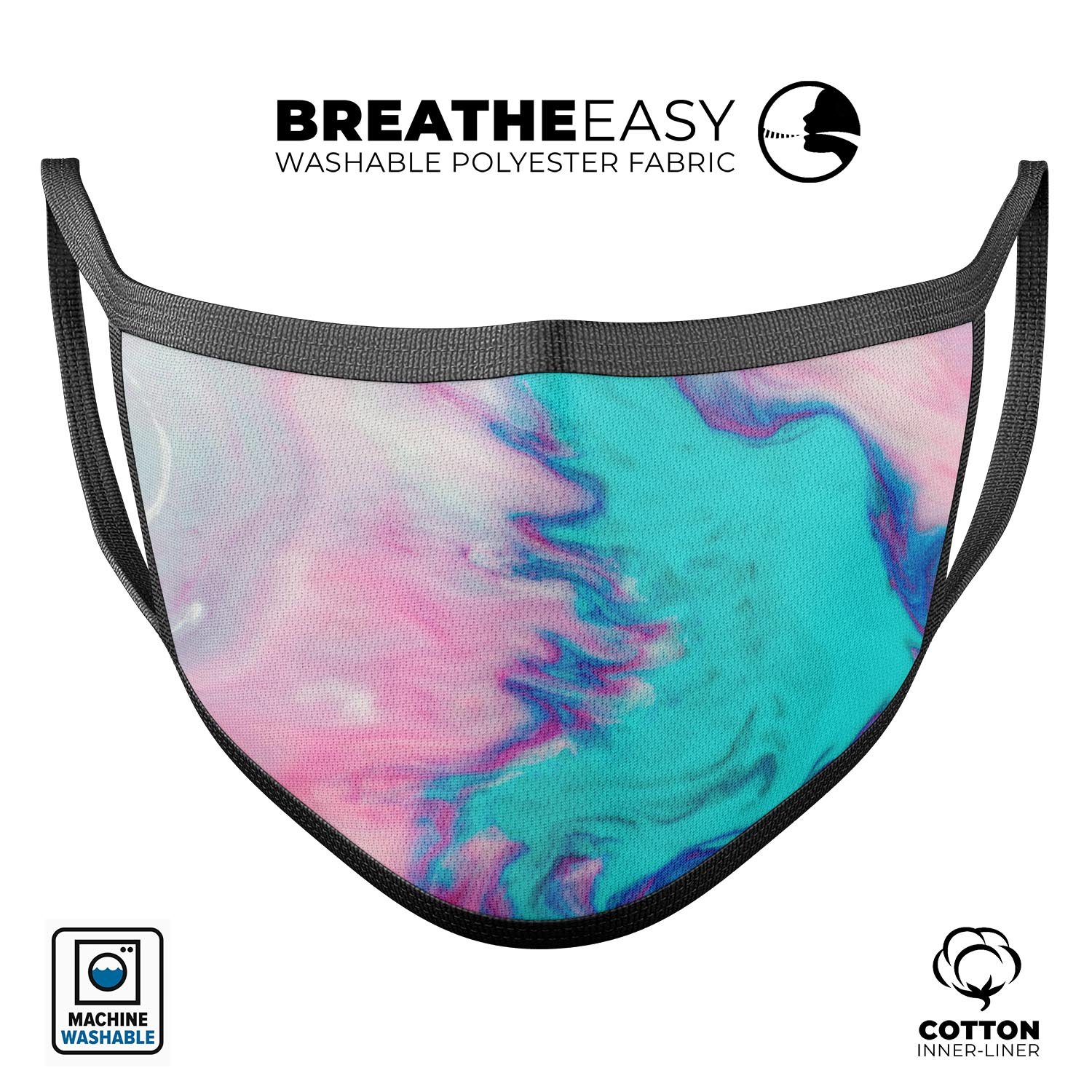 Marbleized Pink and Blue Paradise V432 mouth cover, showcasing vibrant colors and adjustable ear-loop bands.