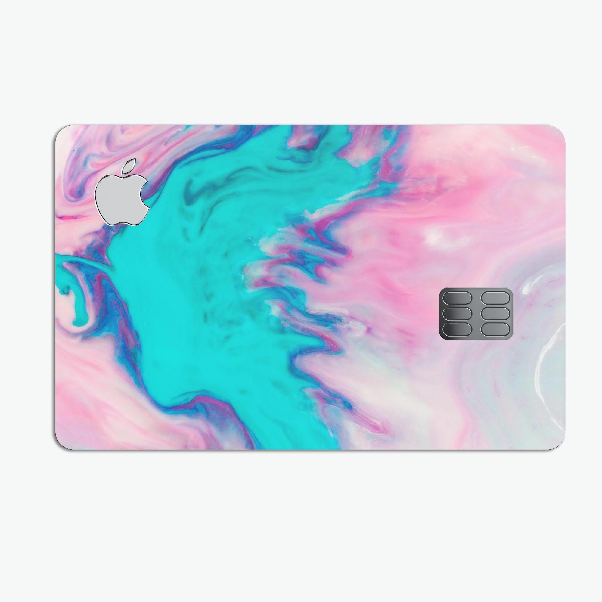 Marbleized Pink and Blue Paradise V432 decal on an Apple Card, showcasing its vibrant colors and protective features.