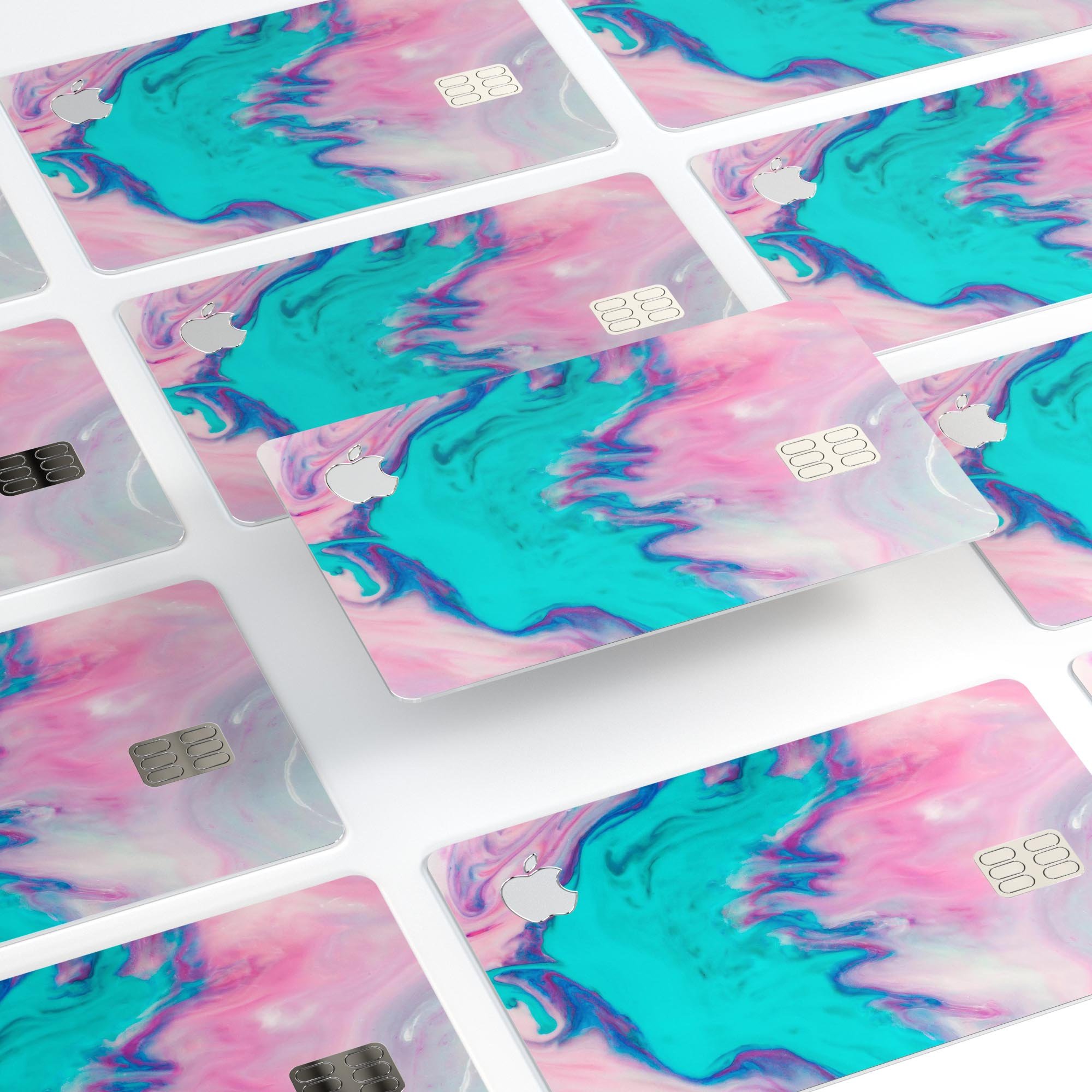 Marbleized Pink and Blue Paradise V432 decal on an Apple Card, showcasing its vibrant colors and protective features.