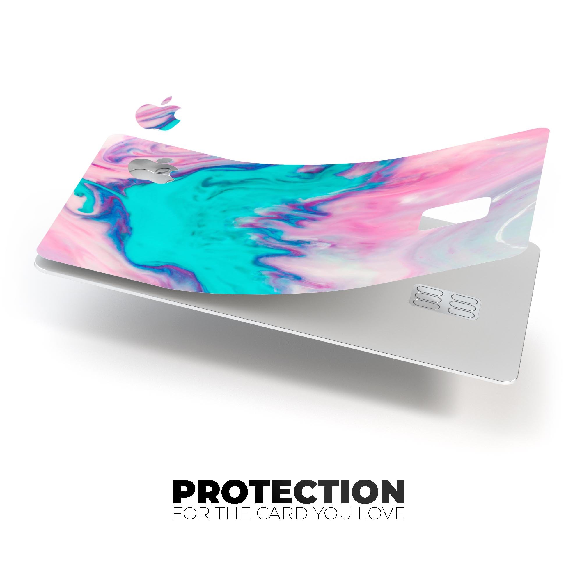 Marbleized Pink and Blue Paradise V432 decal on an Apple Card, showcasing its vibrant colors and protective features.