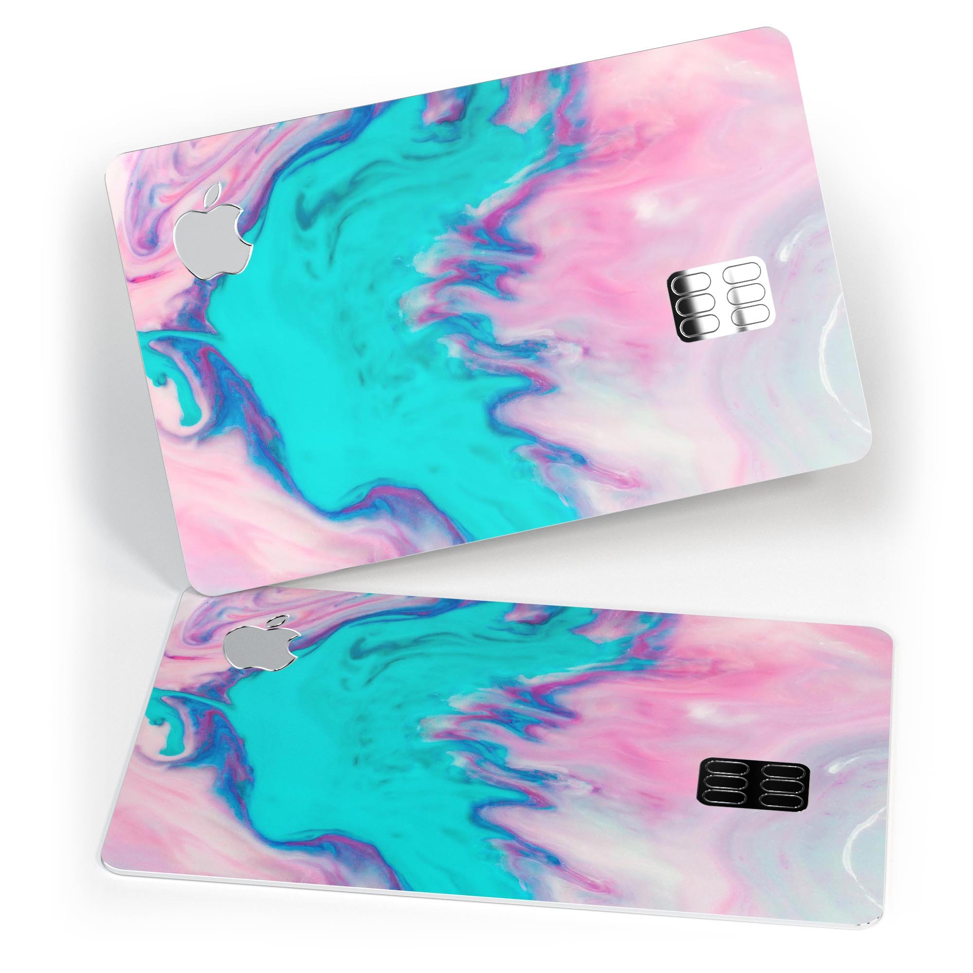 Marbleized Pink and Blue Paradise V432 decal on an Apple Card, showcasing its vibrant colors and protective features.