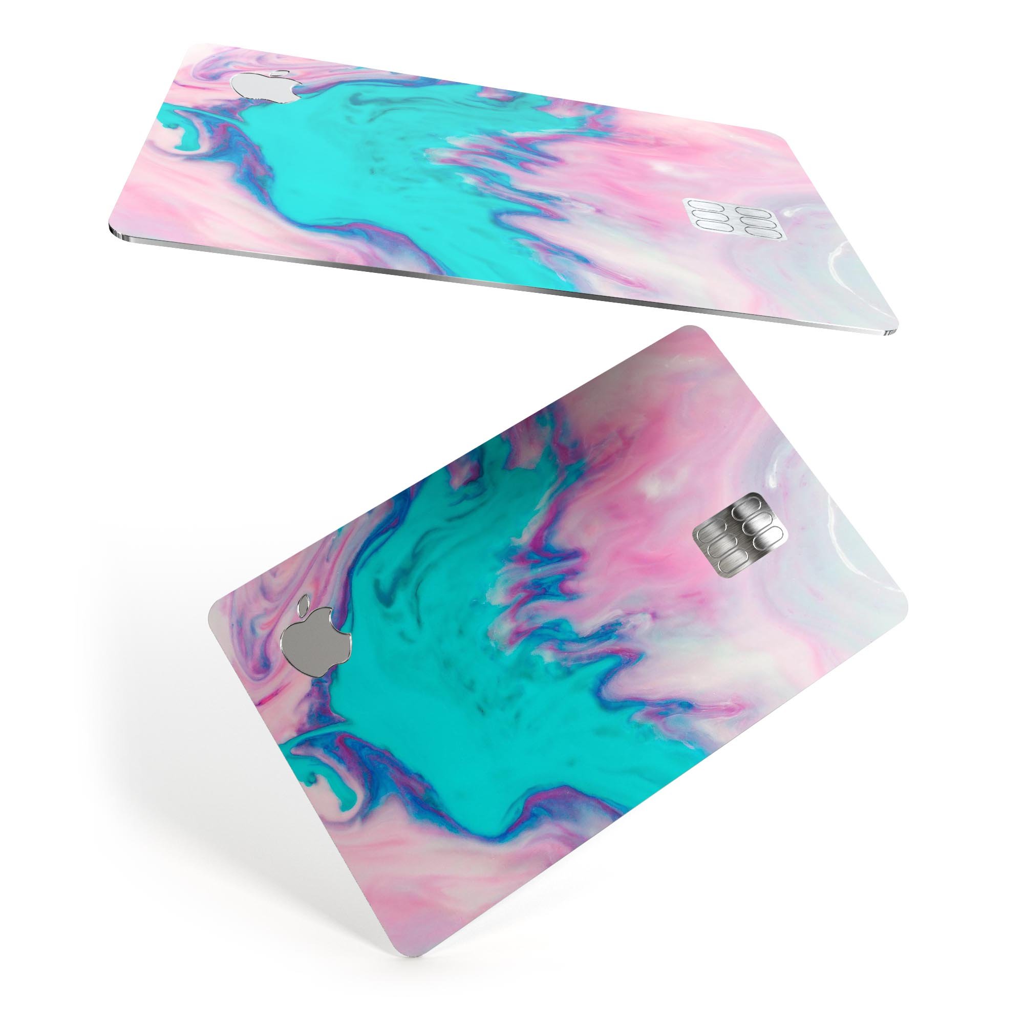 Marbleized Pink and Blue Paradise V432 decal on an Apple Card, showcasing its vibrant colors and protective features.