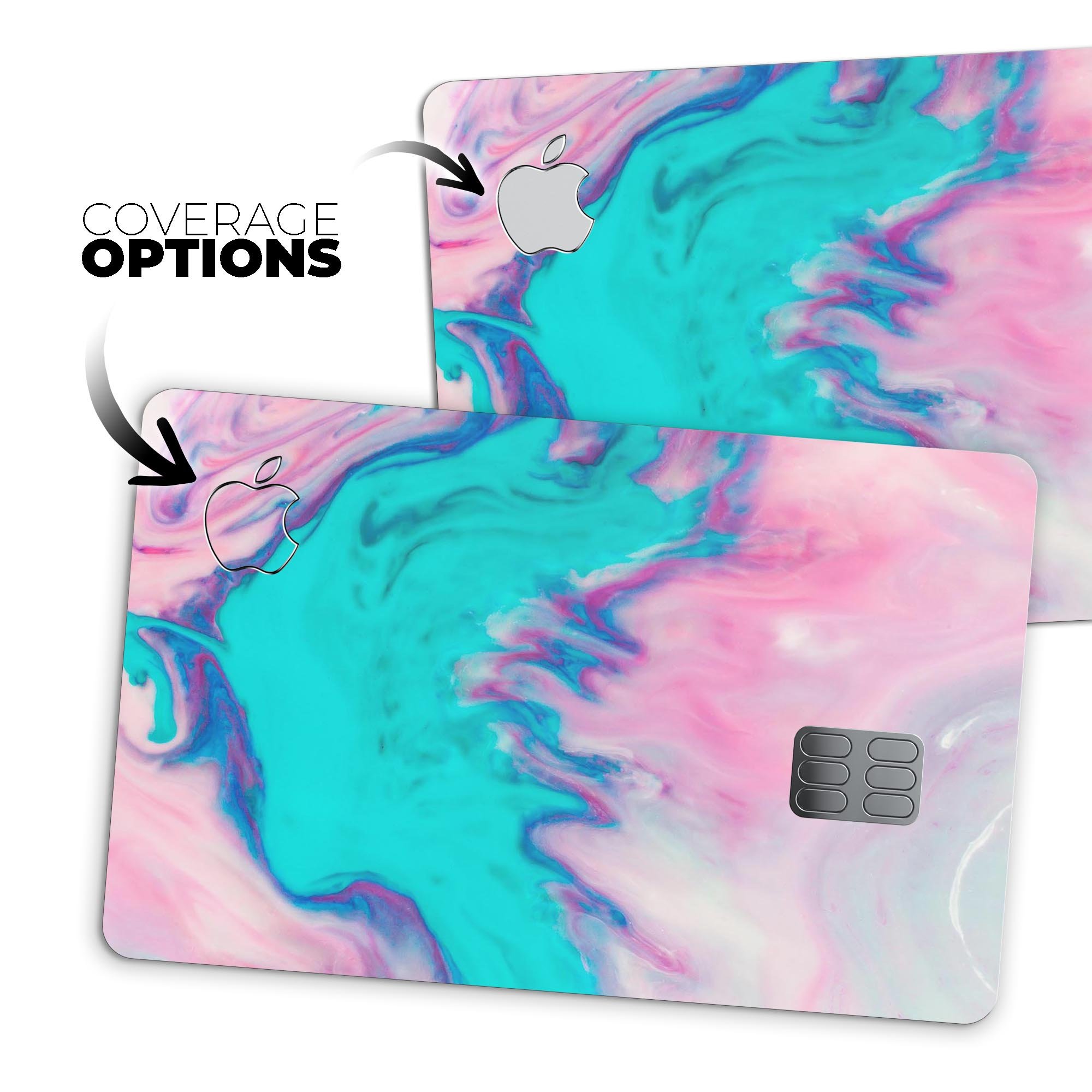 Marbleized Pink and Blue Paradise V432 decal on an Apple Card, showcasing its vibrant colors and protective features.