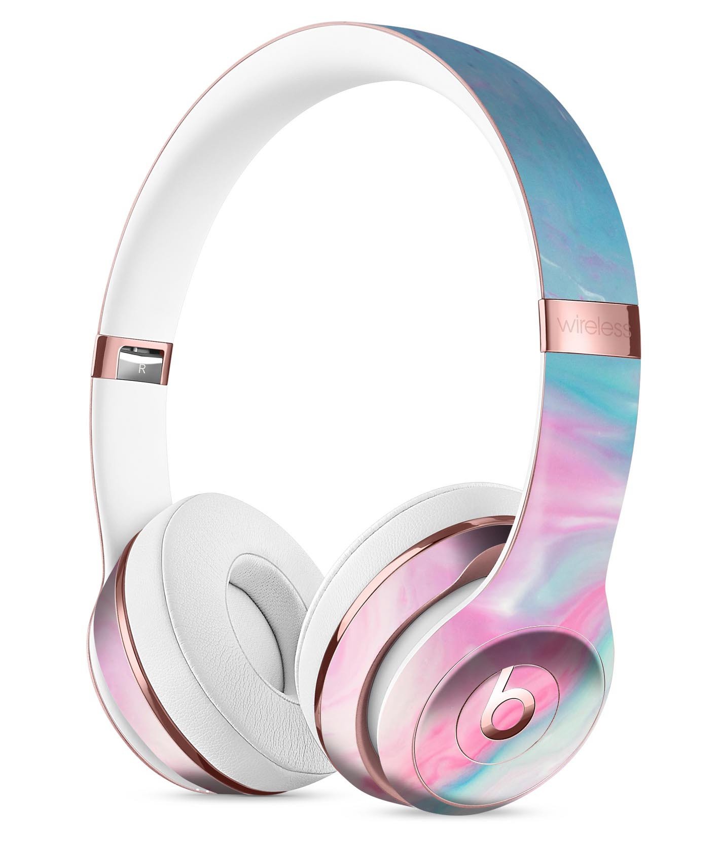 Marbleized Pink and Blue Paradise skin kit for Beats by Dre Solo 3 Wireless headphones, showcasing vibrant colors and sleek design.