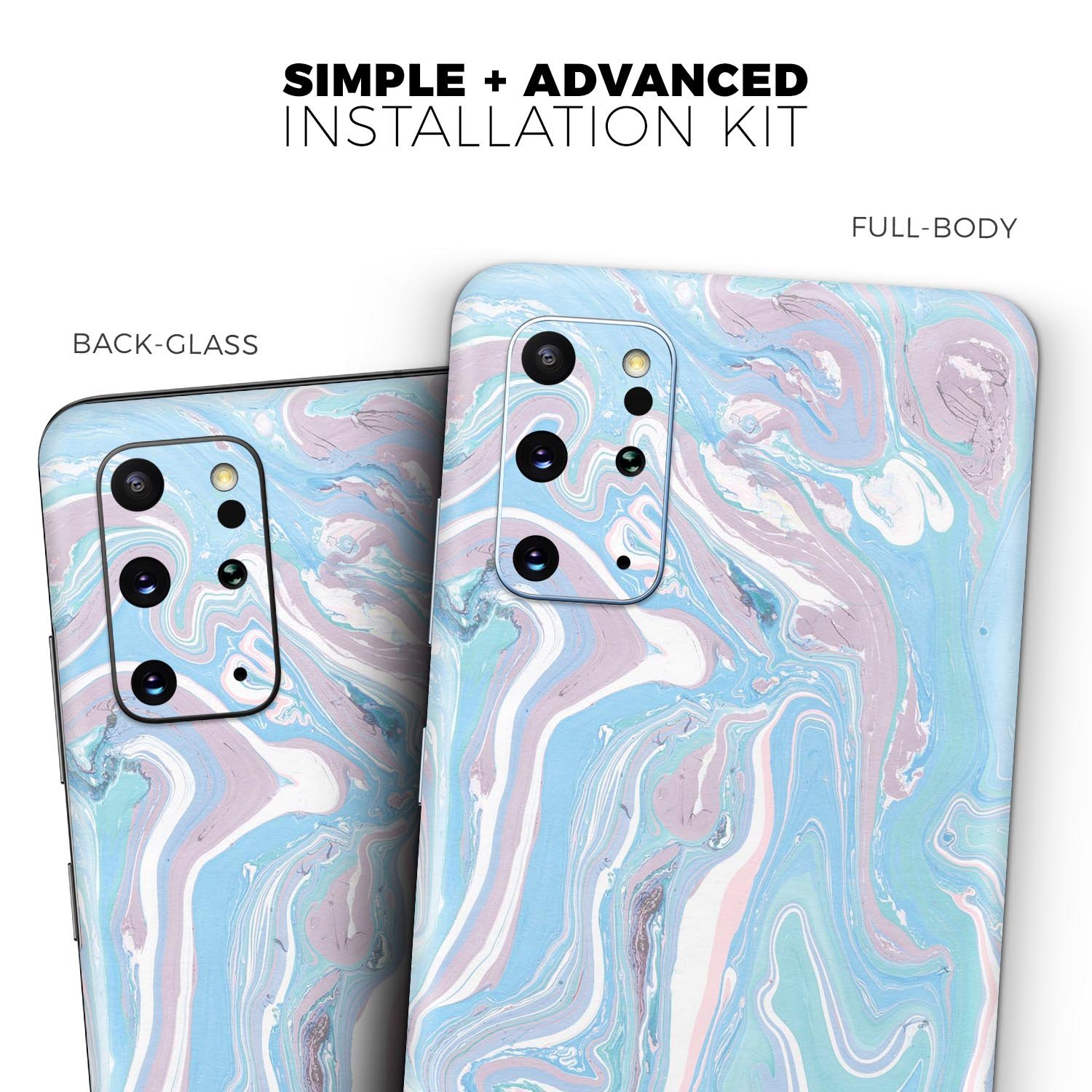 Marbleized Pink and Blue Skin-Kit for Samsung Galaxy, showcasing vibrant colors and a sleek design.