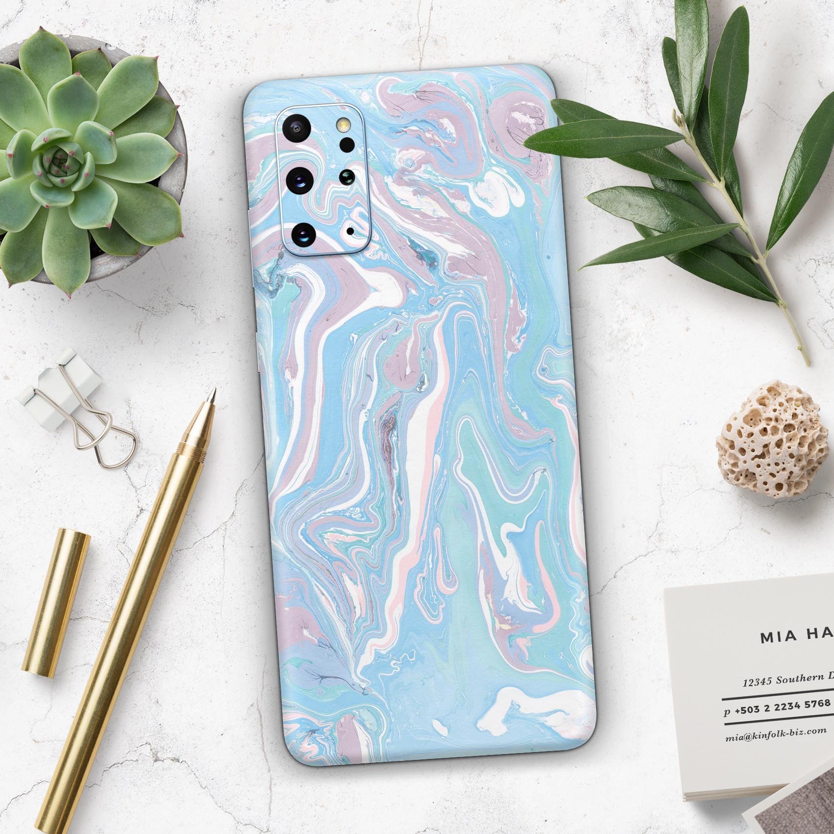 Marbleized Pink and Blue Skin-Kit for Samsung Galaxy, showcasing vibrant colors and a sleek design.