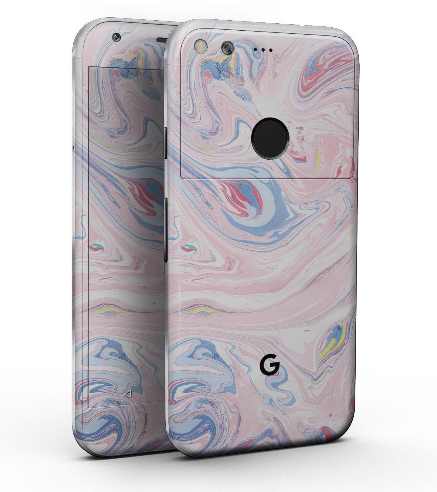 Marbleized Pink and Blue Swirl Full-Body Skin Kit for Google Pixel 5 and 5.5" XL, showcasing its vibrant design and precision fit.