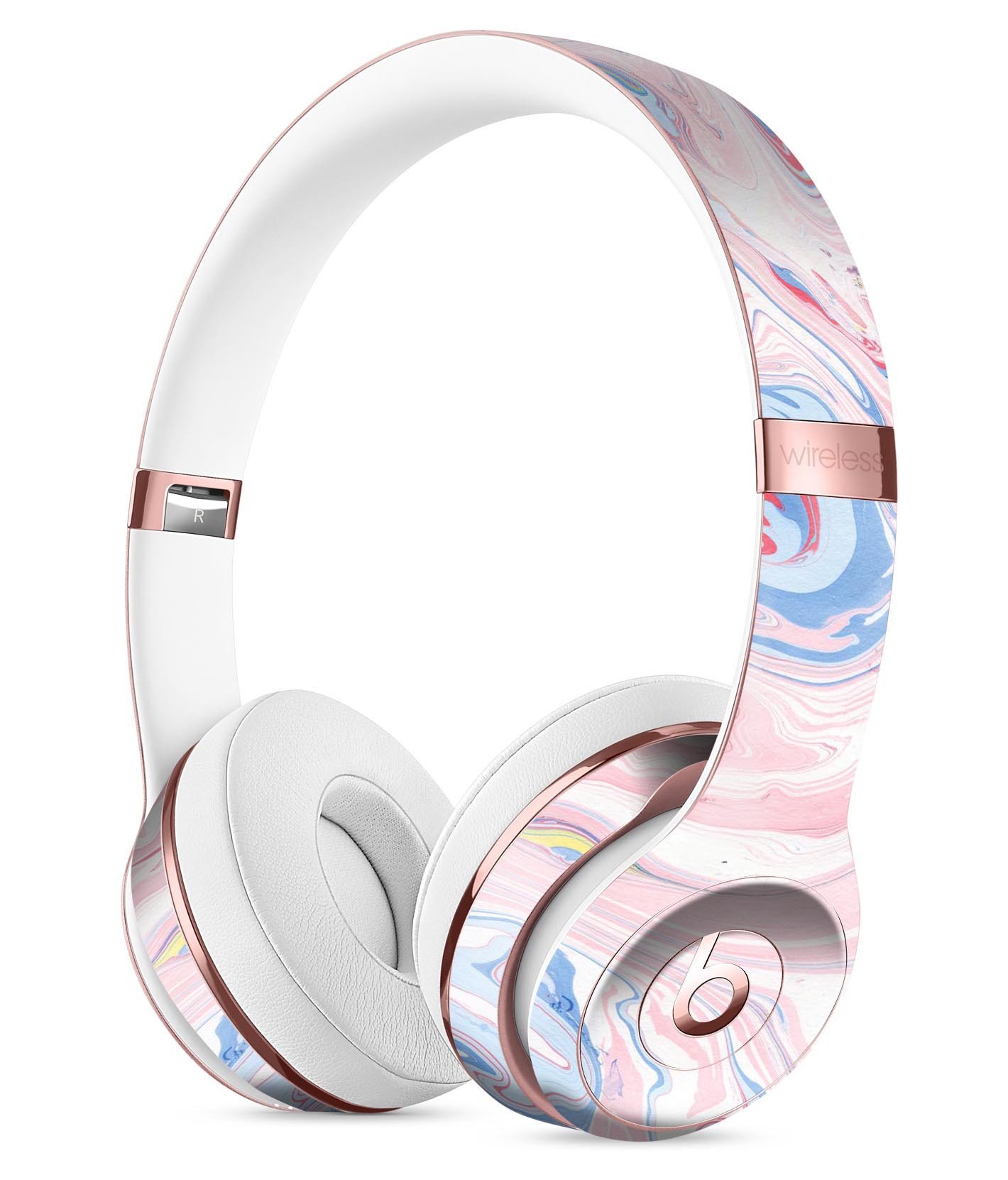 Marbleized Pink and Blue Swirl Skin Kit for Beats by Dre Solo 3 Wireless Headphones, showcasing vibrant colors and a sleek design.