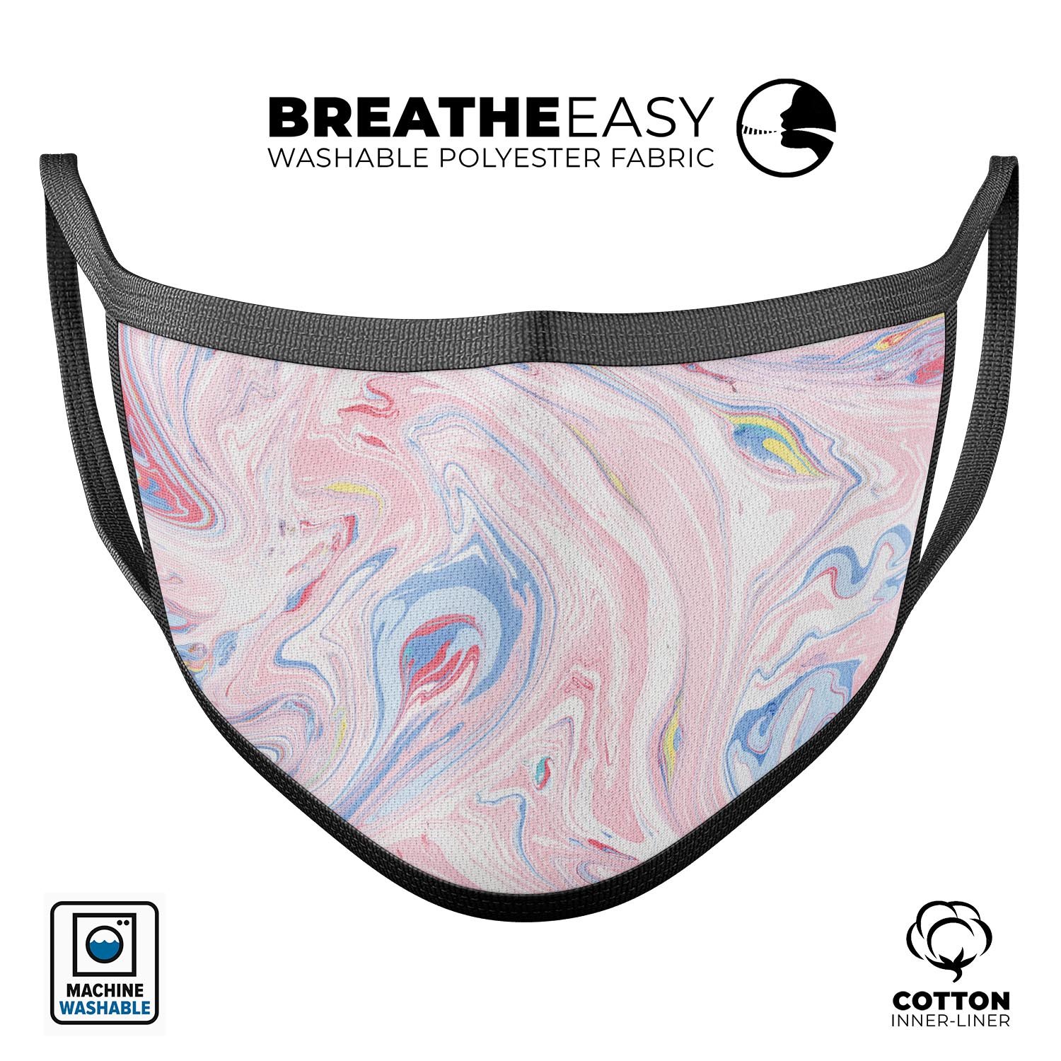 Marbleized Pink and Blue Swirl face mask, showcasing a vibrant design with adjustable ear loops, made from soft cotton for comfort.