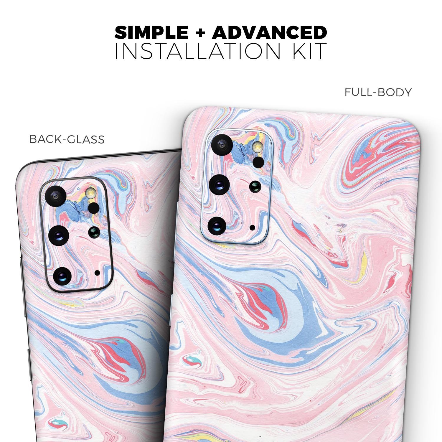 Marbleized Pink and Blue Swirl Skin-Kit for Samsung Galaxy S20, showcasing vibrant colors and a sleek design.