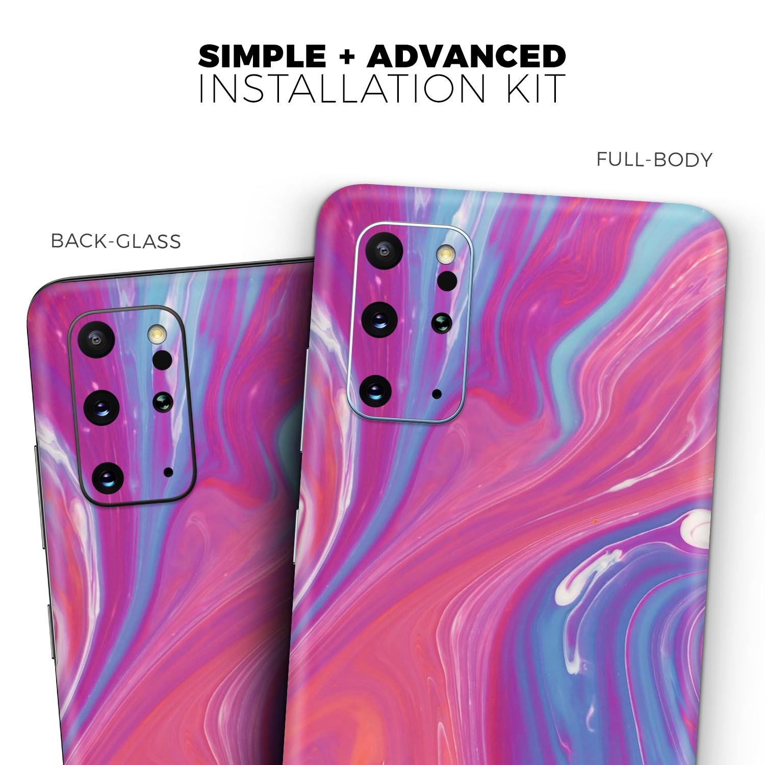 Marbleized Pink and Blue skin for Samsung Galaxy S20, showcasing vibrant colors and sleek design.