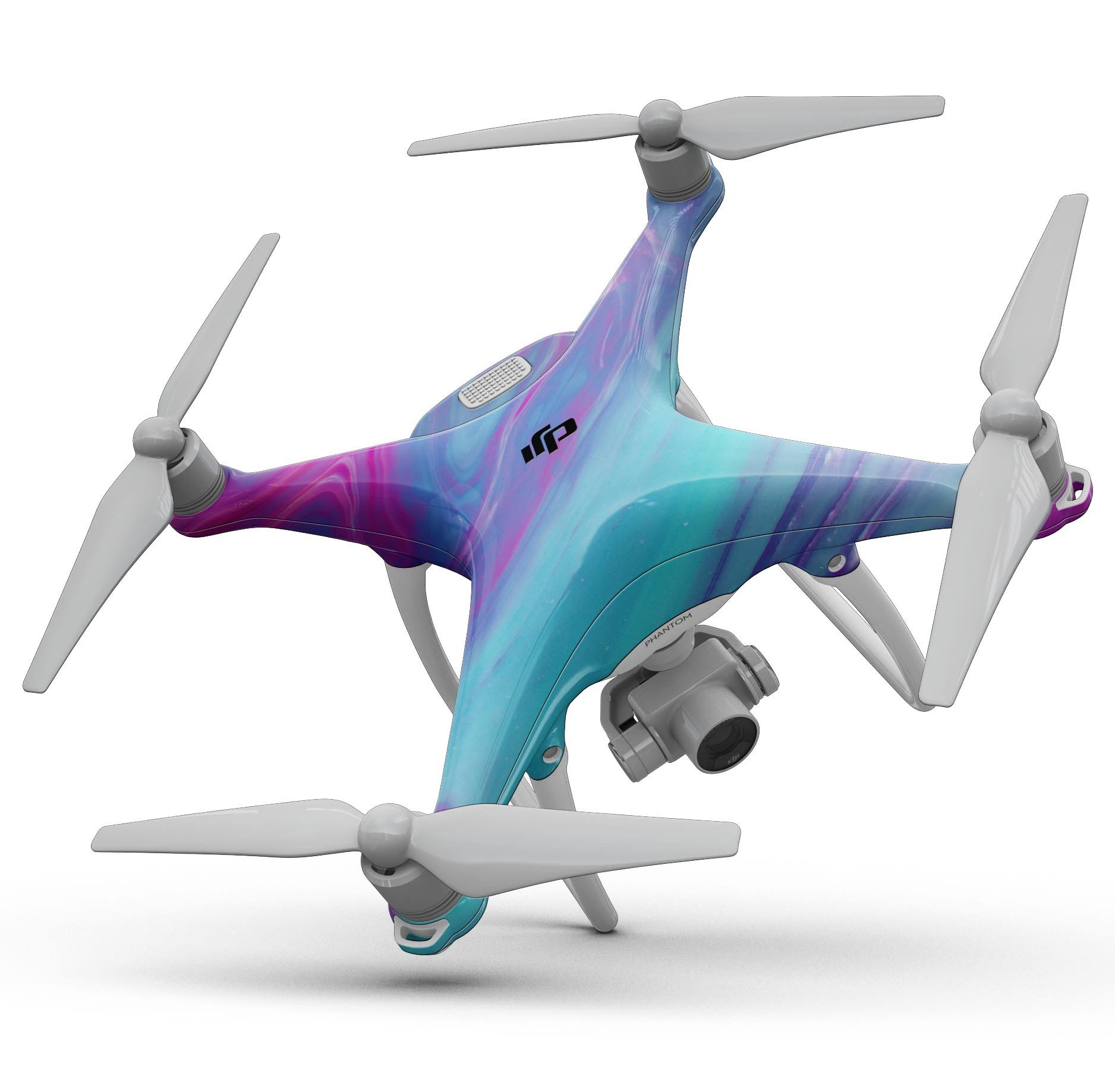 Marbleized Pink Ocean Blue Full-Body Skin Kit for DJI Phantom 4 Drone, showcasing its unique design and precision fit.