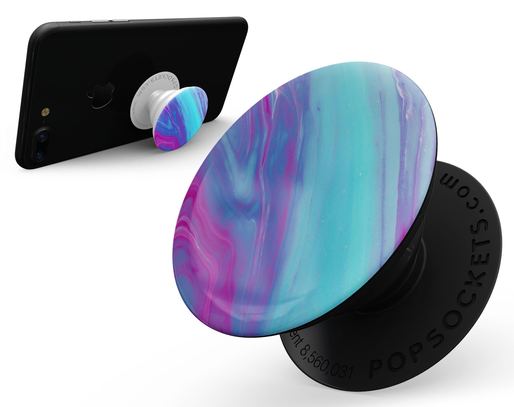 Marbleized Pink Ocean Blue Skin Kit for PopSockets, showcasing vibrant colors and a stylish design.