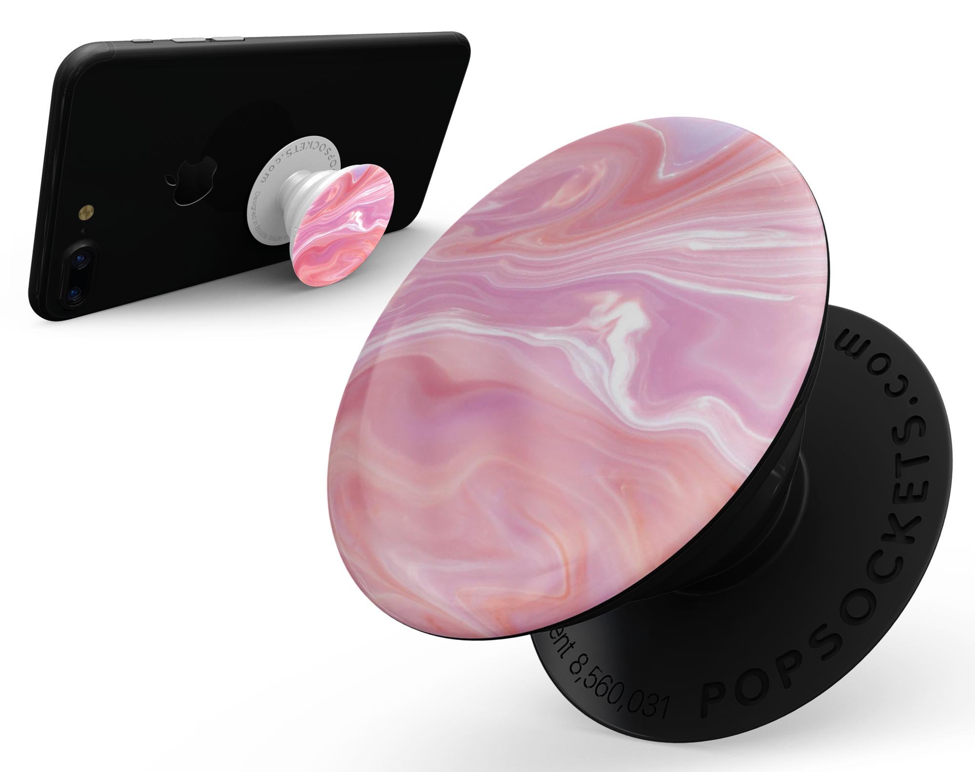 Marbleized Pink Paradise Skin Kit for PopSockets featuring a vibrant pink and white marble design, showcasing its premium vinyl material.