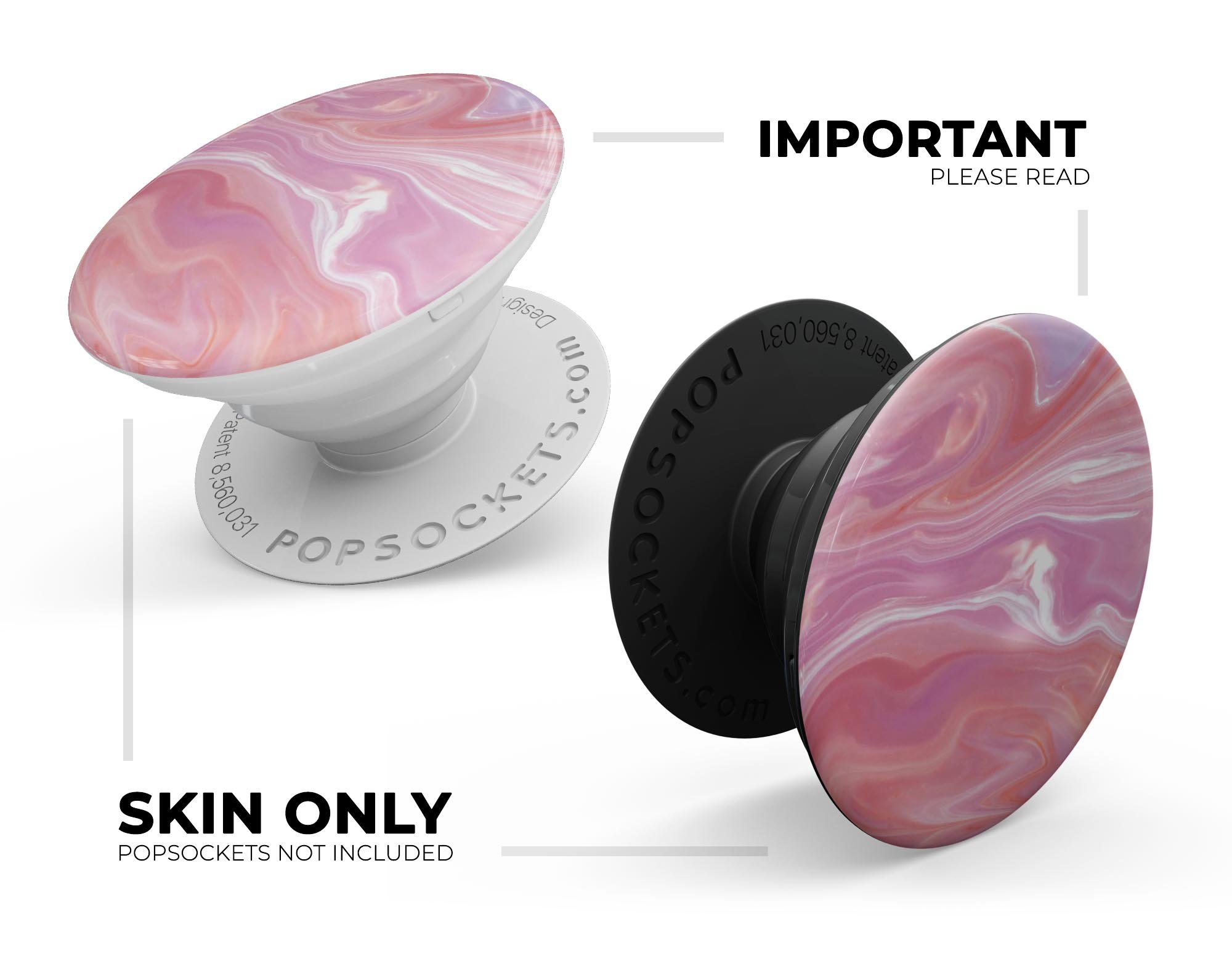 Marbleized Pink Paradise Skin Kit for PopSockets featuring a vibrant pink and white marble design, showcasing its premium vinyl material.