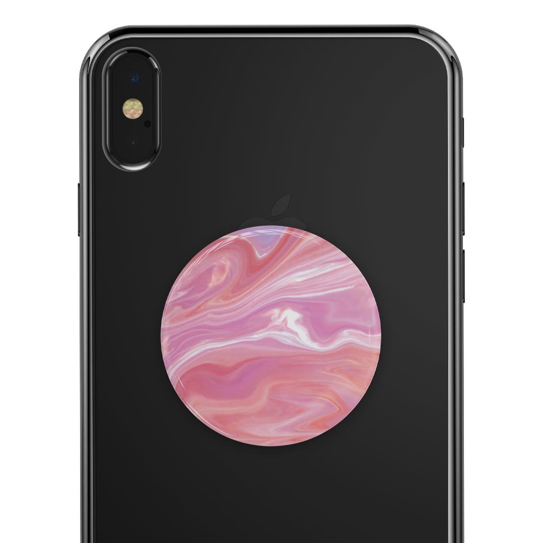 Marbleized Pink Paradise Skin Kit for PopSockets featuring a vibrant pink and white marble design, showcasing its premium vinyl material.