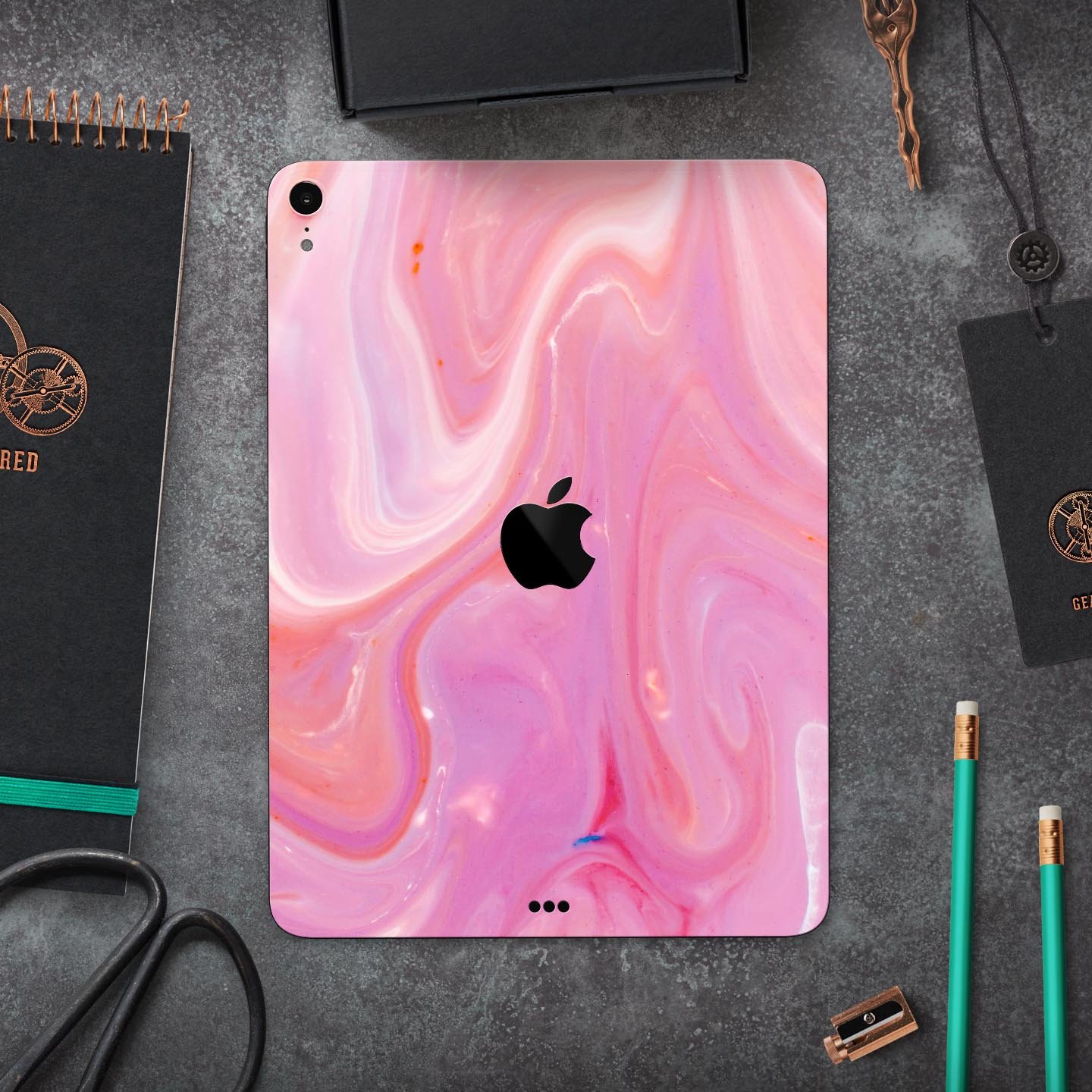 Marbleized Pink Paradise V2 skin decal for Apple iPad, showcasing a vibrant pink marble design with a glossy finish.