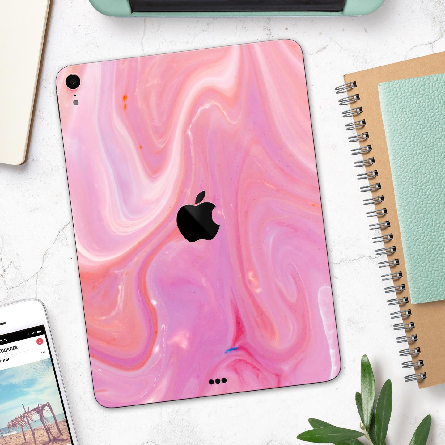 Marbleized Pink Paradise V2 skin decal for Apple iPad, showcasing a vibrant pink marble design with a glossy finish.