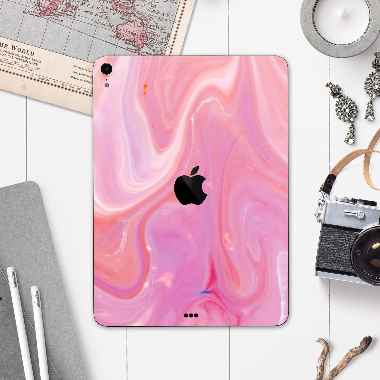 Marbleized Pink Paradise V2 skin decal for Apple iPad, showcasing a vibrant pink marble design with a glossy finish.