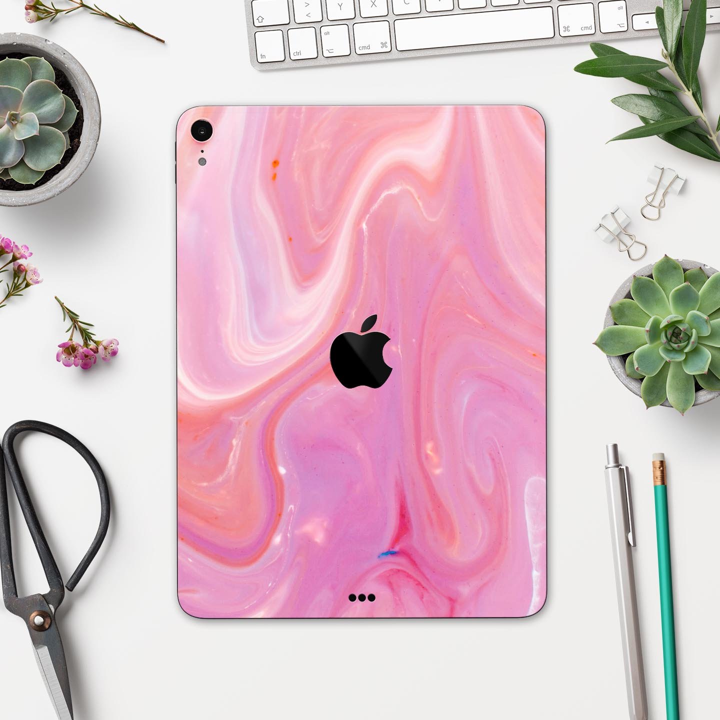 Marbleized Pink Paradise V2 skin decal for Apple iPad, showcasing a vibrant pink marble design with a glossy finish.