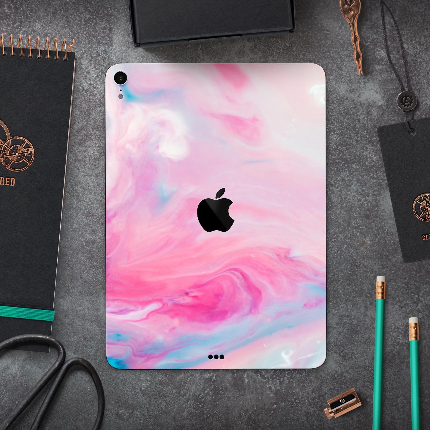 Marbleized Pink Paradise V5 skin decal for Apple iPad, showcasing a stylish pink marble design with ultra-thin protection.