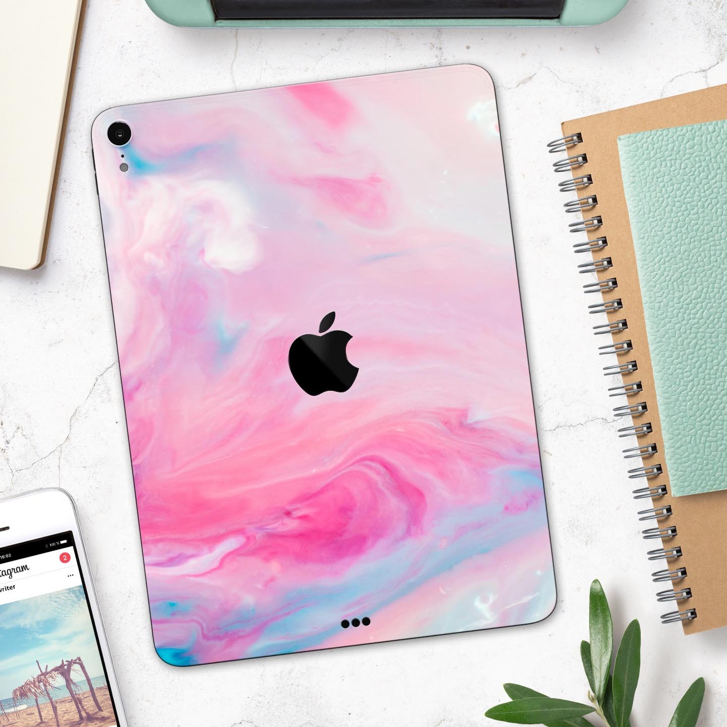 Marbleized Pink Paradise V5 skin decal for Apple iPad, showcasing a stylish pink marble design with ultra-thin protection.