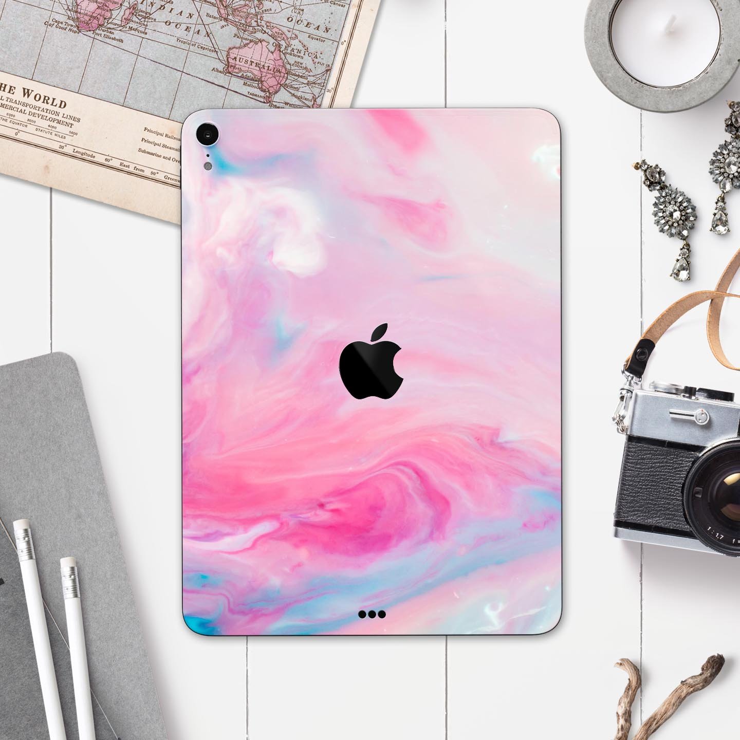 Marbleized Pink Paradise V5 skin decal for Apple iPad, showcasing a stylish pink marble design with ultra-thin protection.