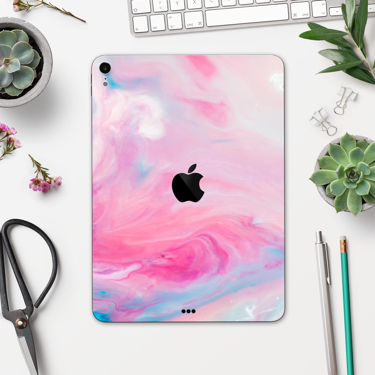 Marbleized Pink Paradise V5 skin decal for Apple iPad, showcasing a stylish pink marble design with ultra-thin protection.