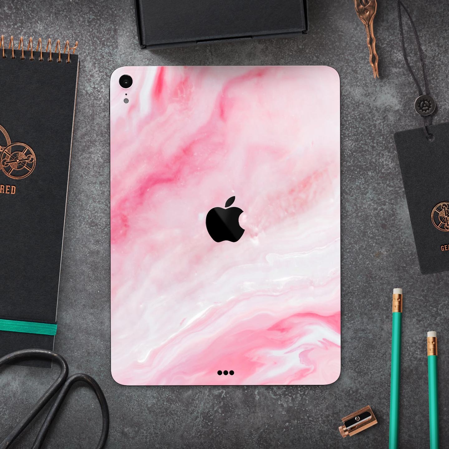 Marbleized Pink Paradise V6 skin decal for Apple iPad, showcasing a stylish marble design with pink hues.