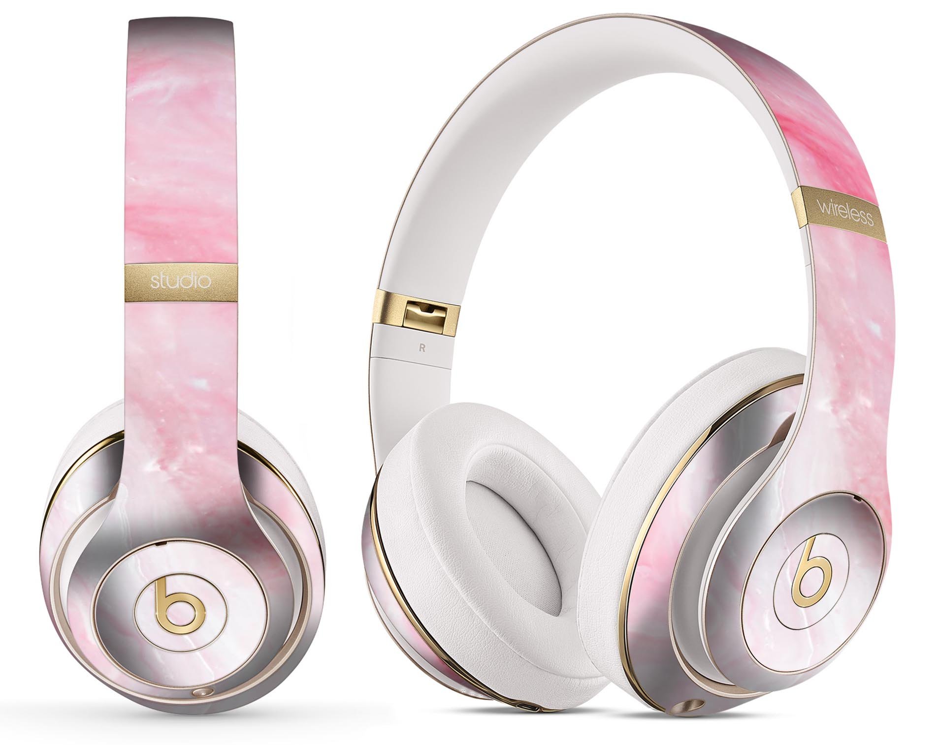 Marbleized Pink Paradise V6 skin decal wrap kit for Beats, showcasing a stylish pink marble design that fits snugly on headphones.